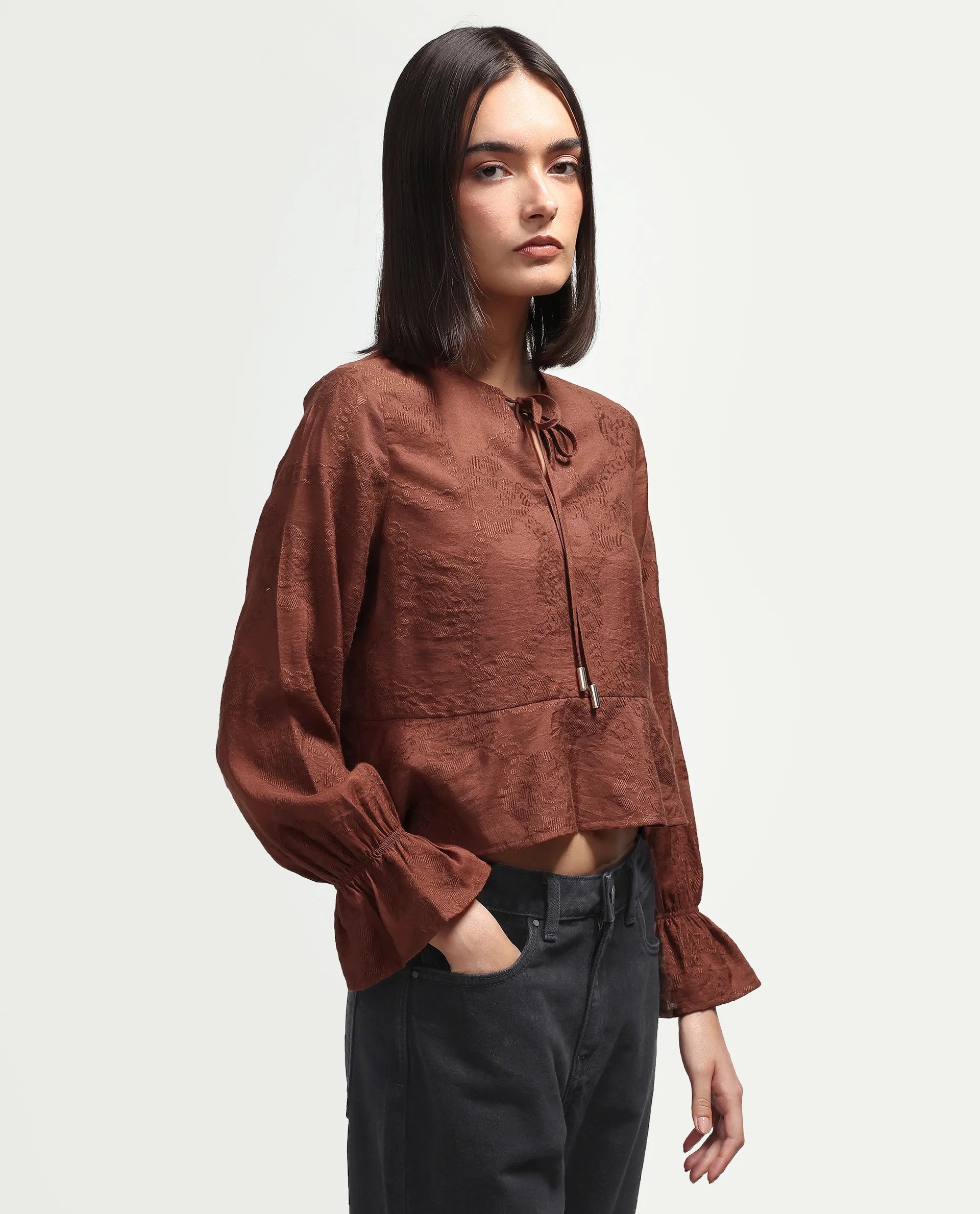 Rareism Women's Daro Rust Viscose Blend Tie-Up Regular Plain Top