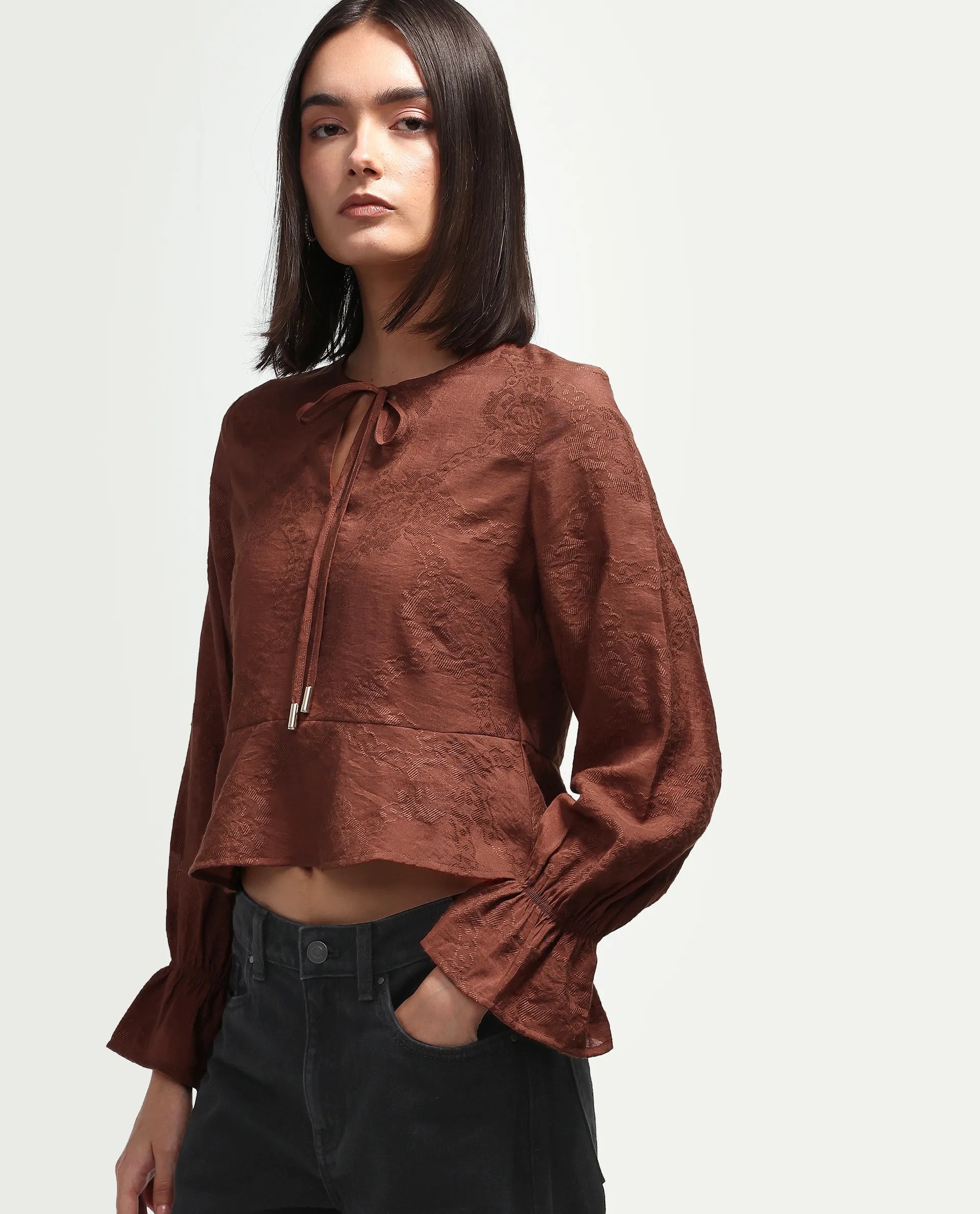Rareism Women's Daro Rust Viscose Blend Tie-Up Regular Plain Top