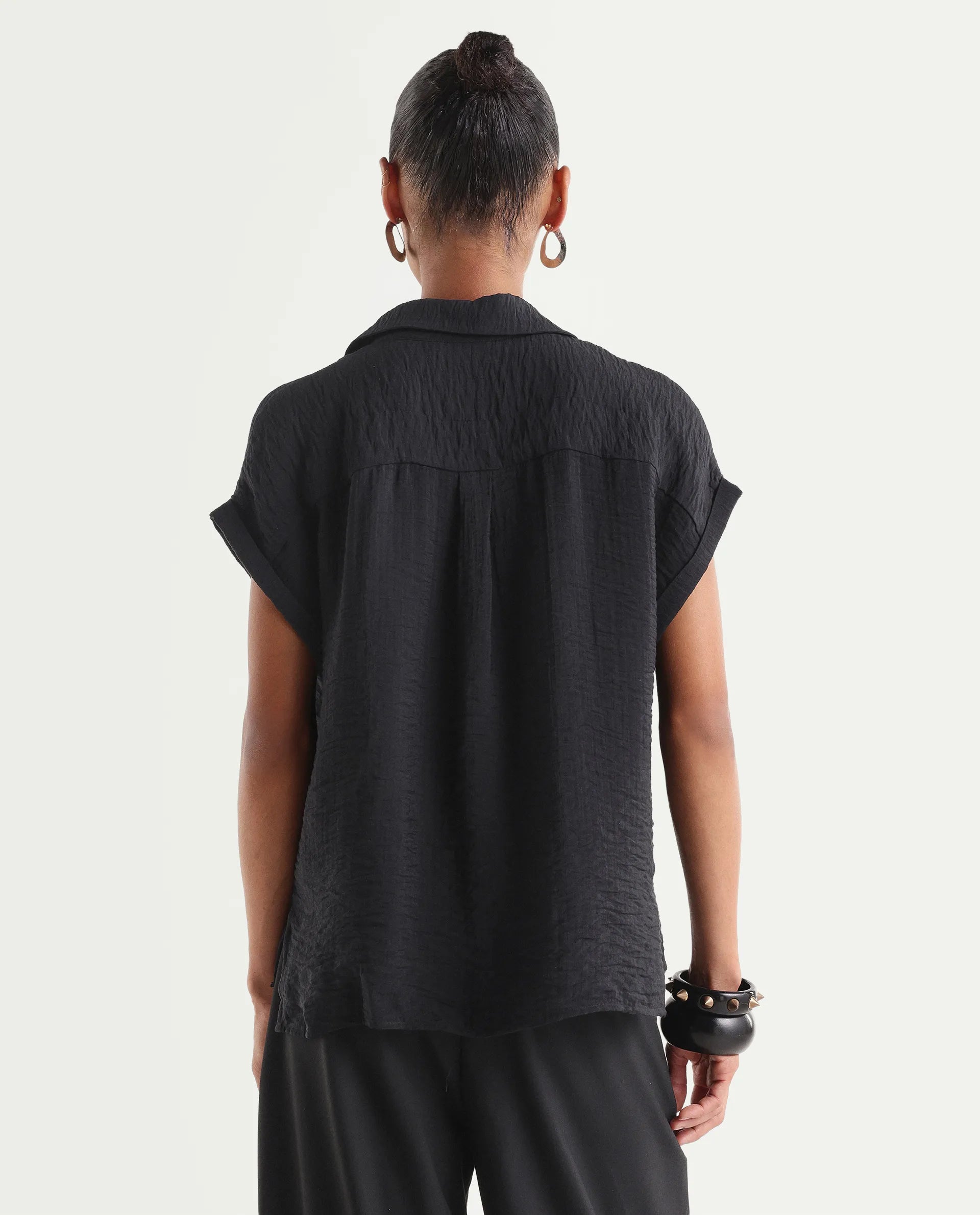 Rareism Women's Halm Black Viscose Blend Spread Collar Relaxed Plain Top