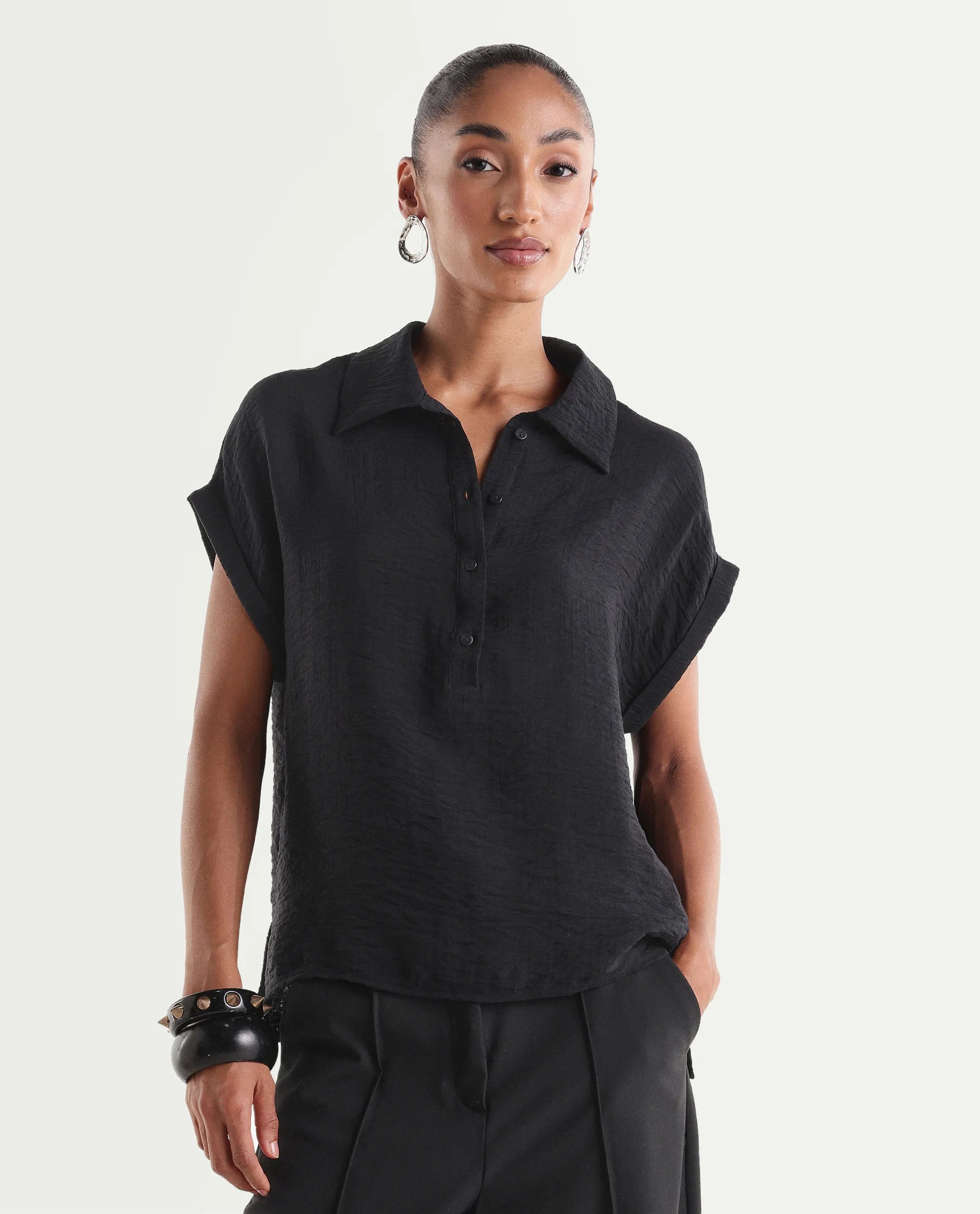 Rareism Women's Halm Black Viscose Blend Spread Collar Relaxed Plain Top
