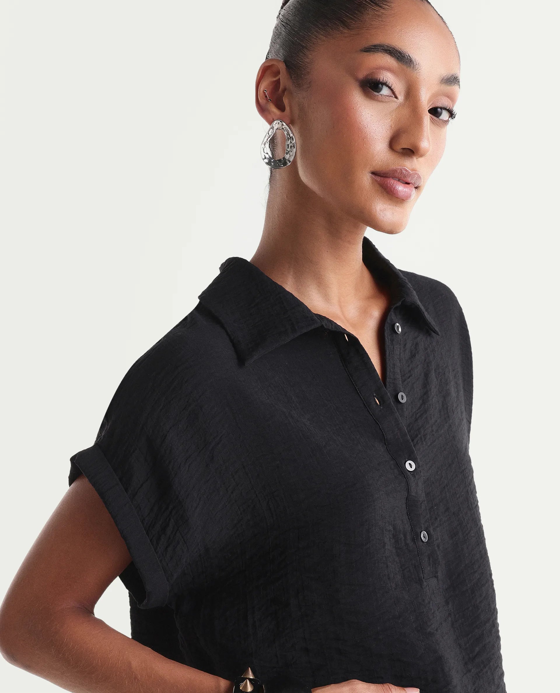 Rareism Women's Halm Black Viscose Blend Spread Collar Relaxed Plain Top