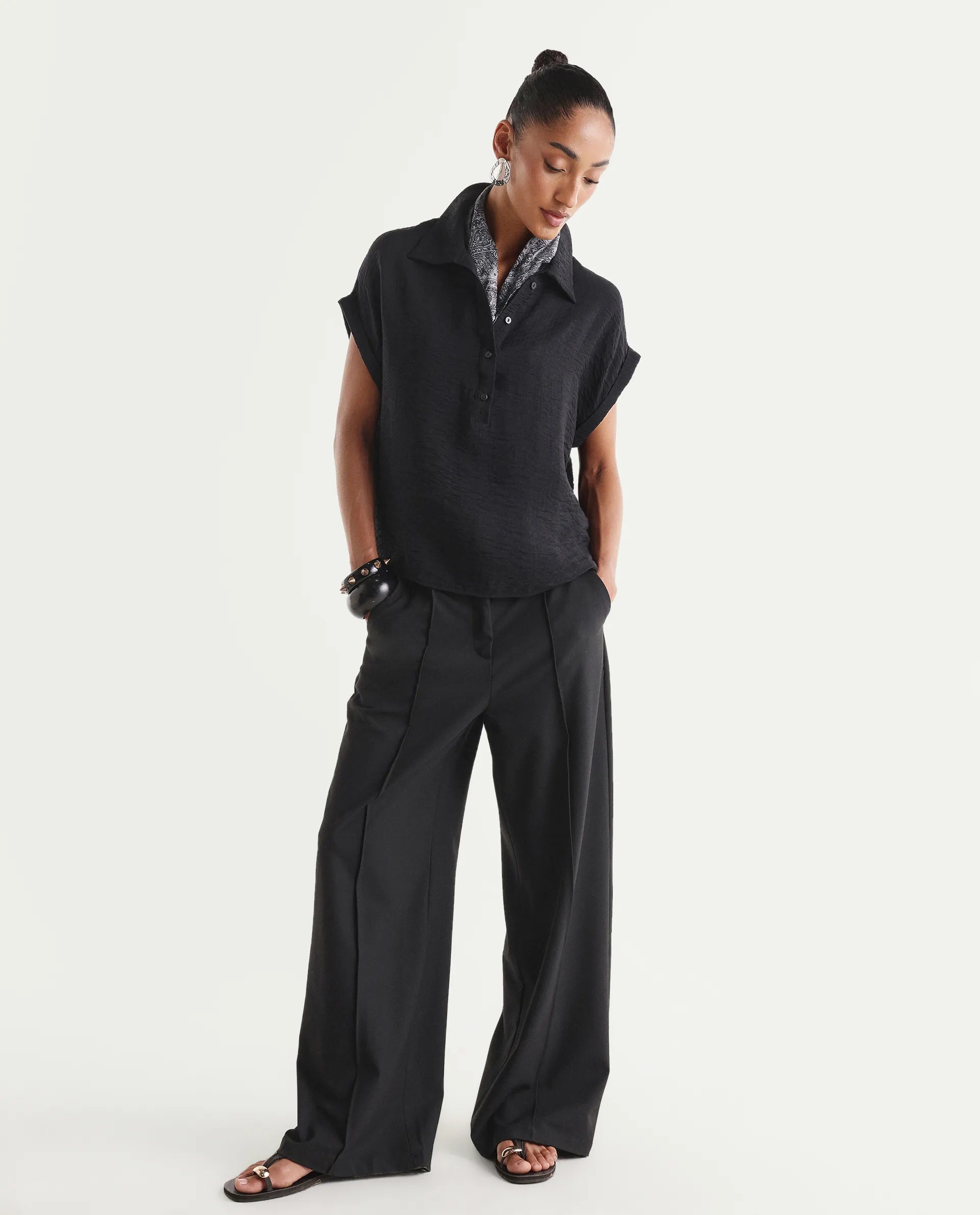 Rareism Women's Halm Black Viscose Blend Spread Collar Relaxed Plain Top