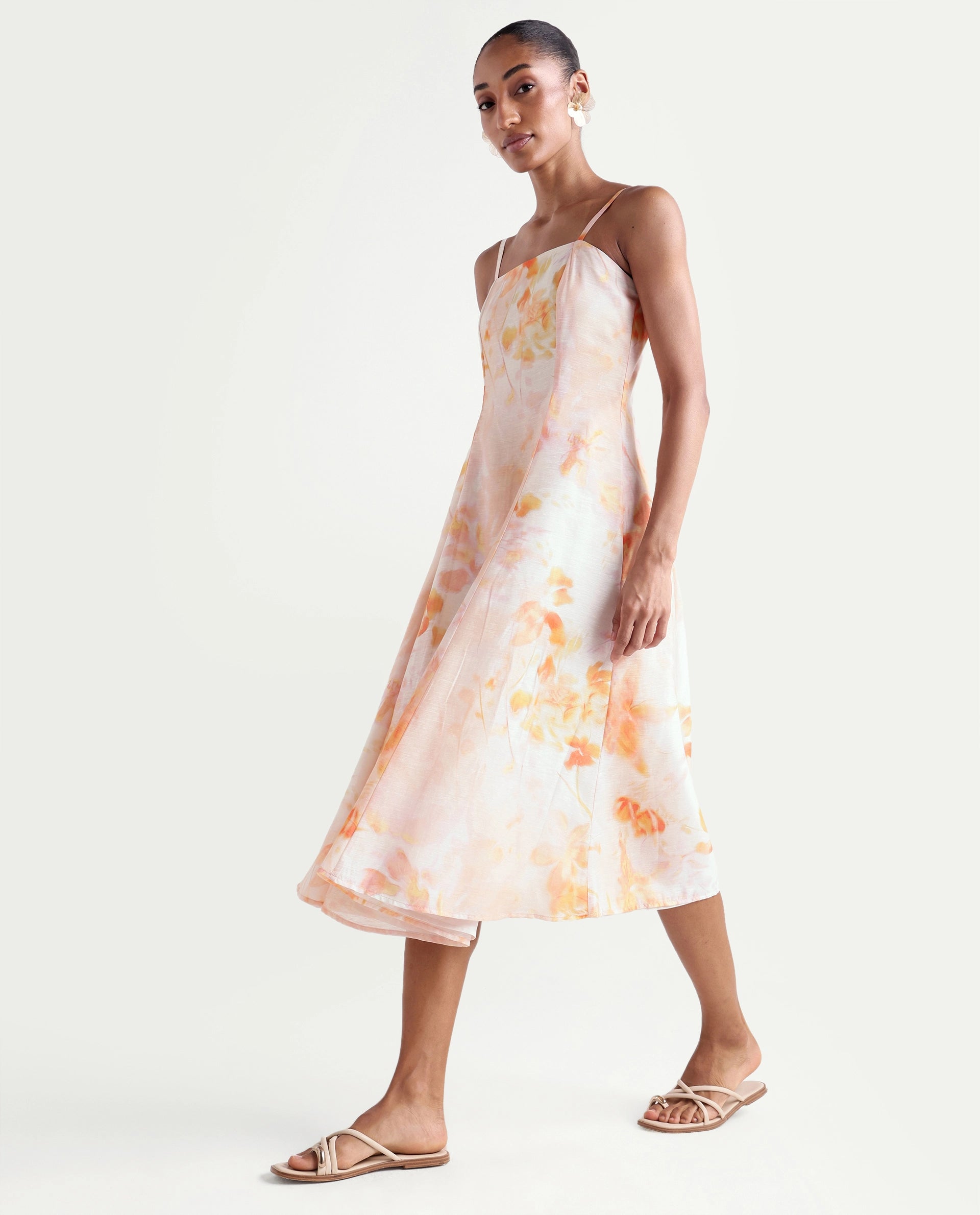 Rareism Women's Heth Pastel Peach Linen Blend Square Neck Fit And Flare All Over Print Dress