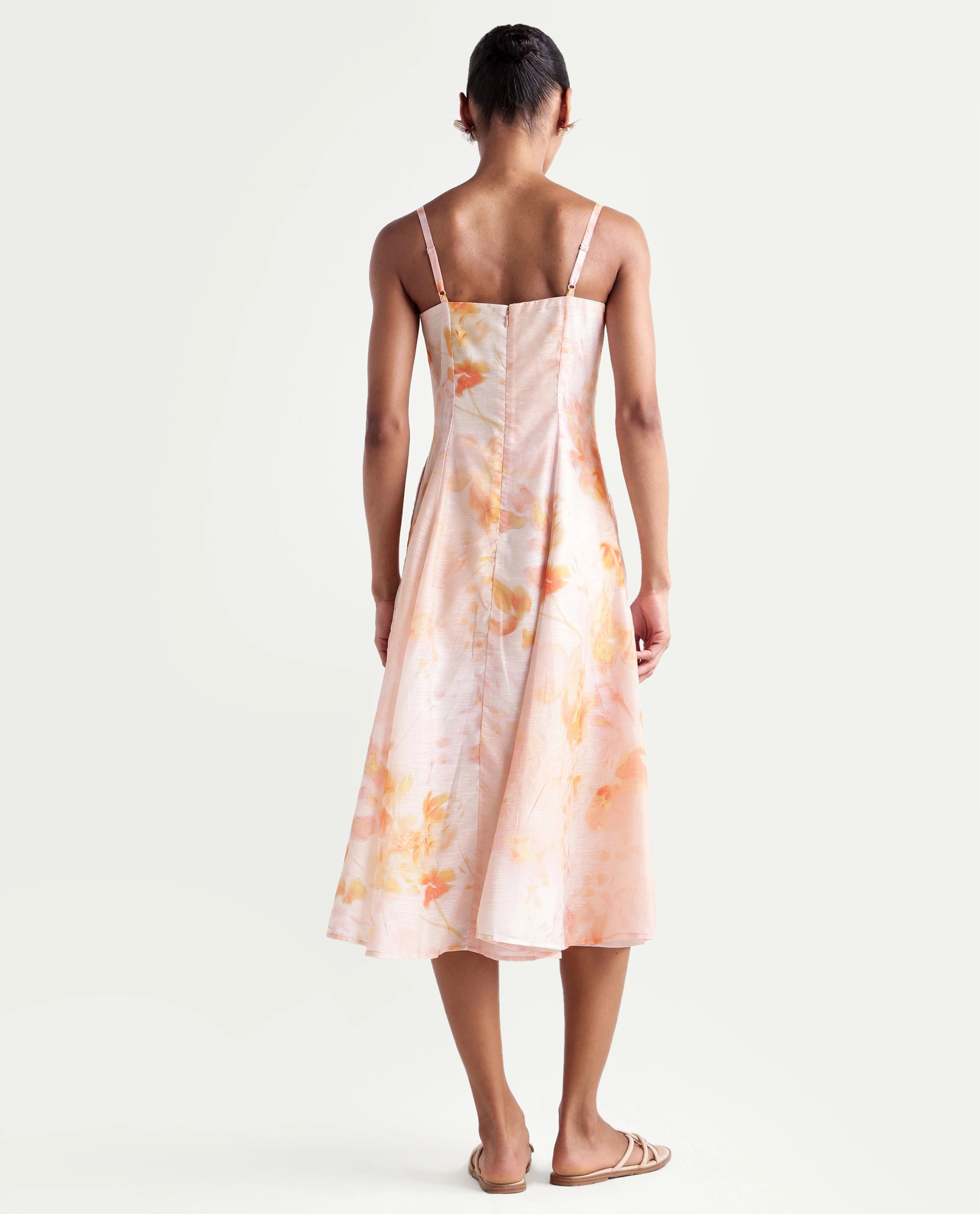 Rareism Women's Heth Pastel Peach Linen Blend Square Neck Fit And Flare All Over Print Dress