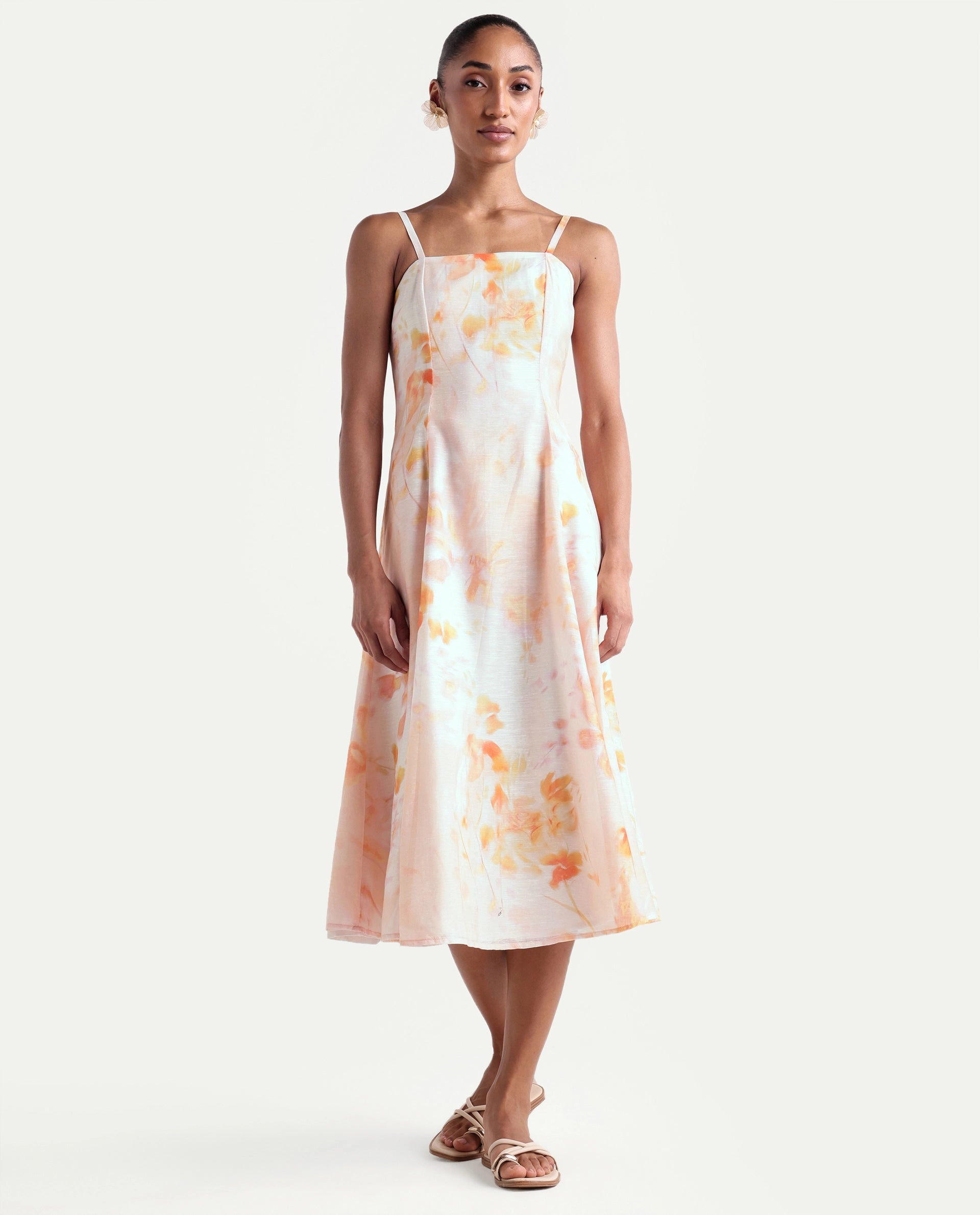 Rareism Women's Heth Pastel Peach Linen Blend Square Neck Fit And Flare All Over Print Dress