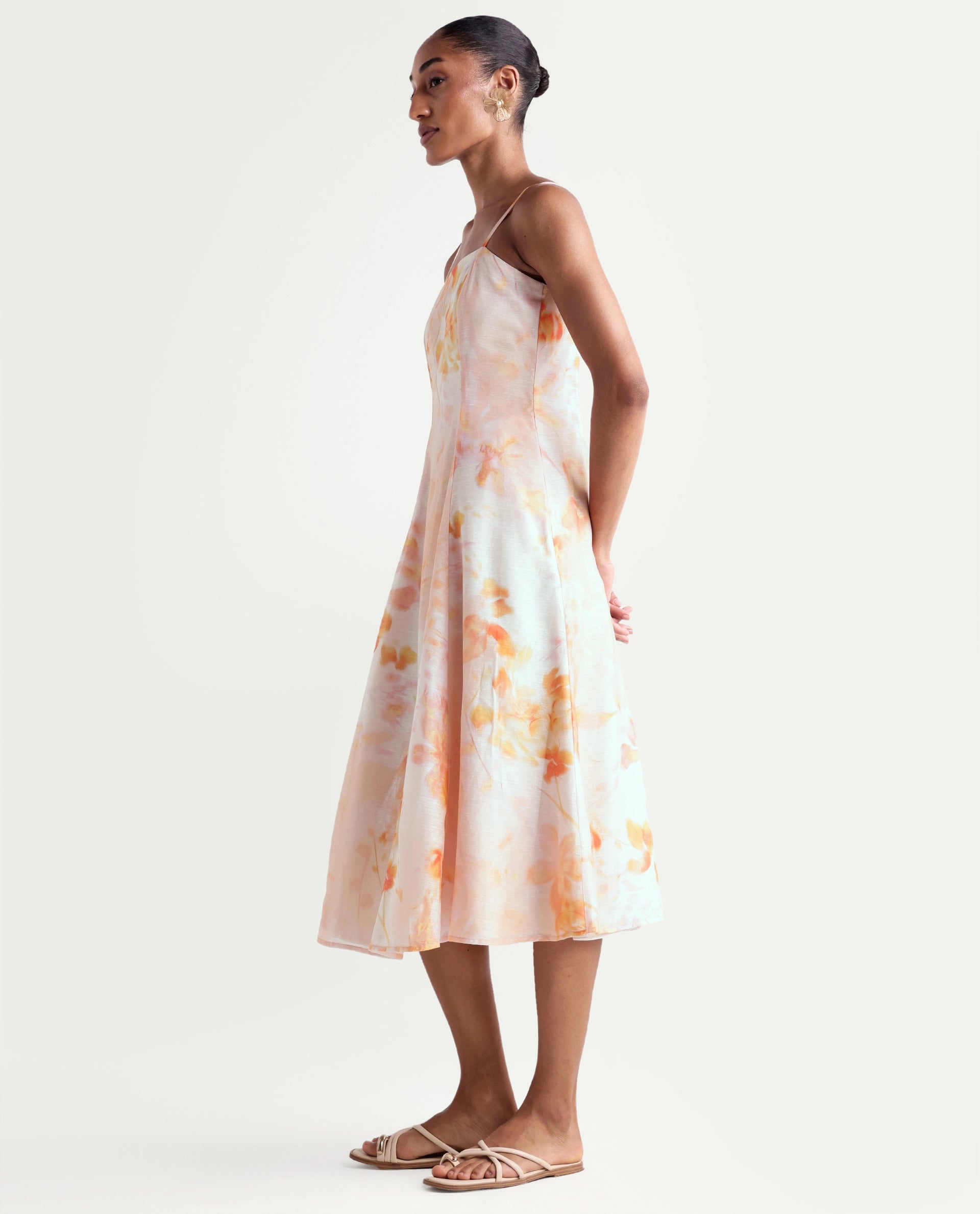 Rareism Women's Heth Pastel Peach Linen Blend Square Neck Fit And Flare All Over Print Dress