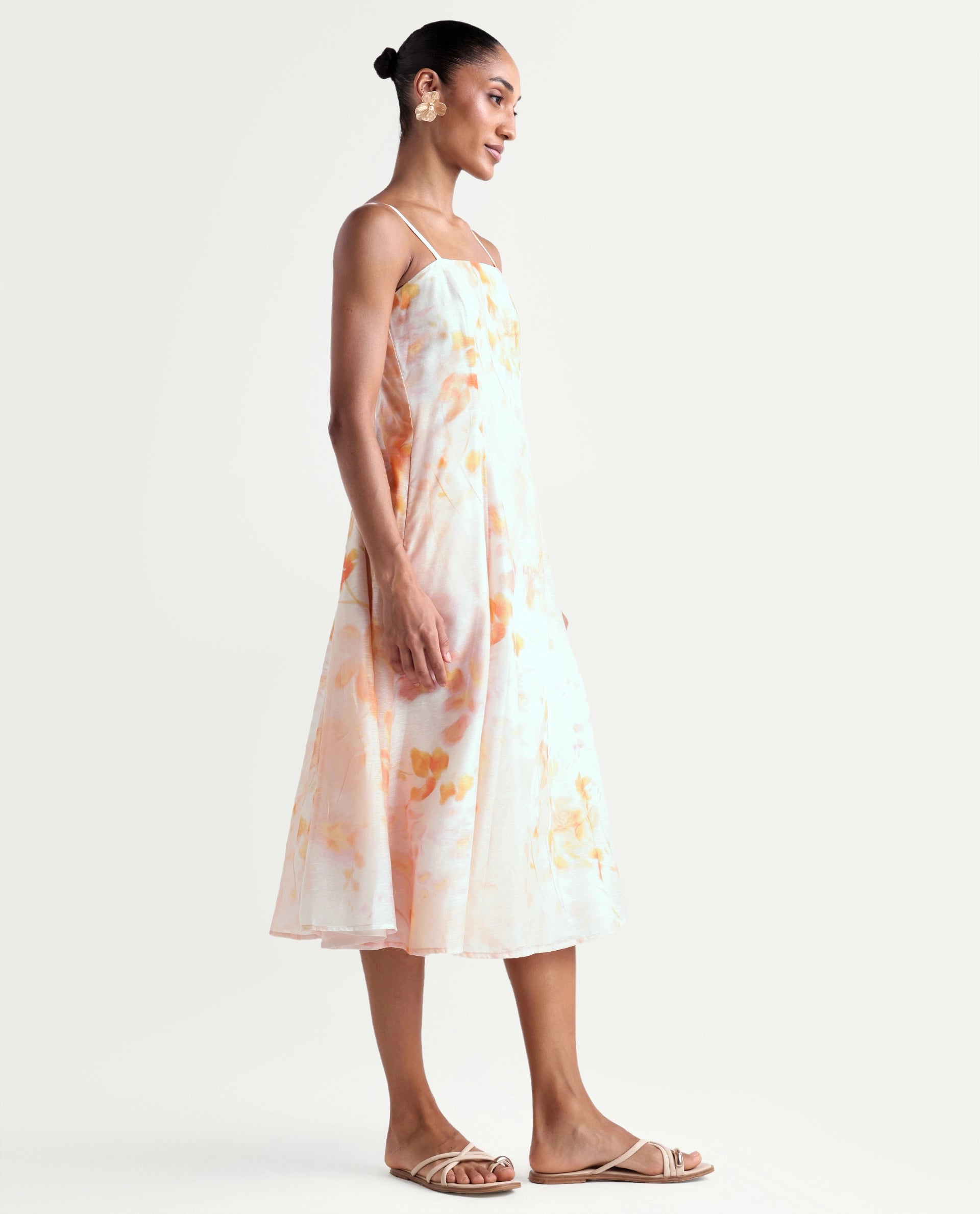 Rareism Women's Heth Pastel Peach Linen Blend Square Neck Fit And Flare All Over Print Dress