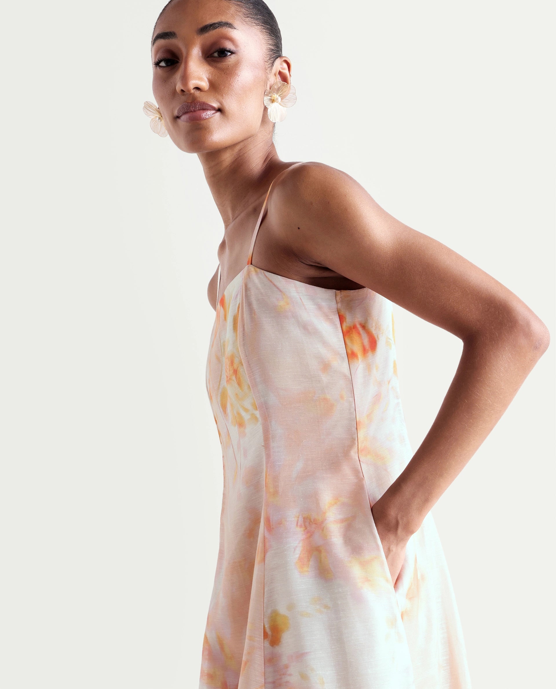 Rareism Women's Heth Pastel Peach Linen Blend Square Neck Fit And Flare All Over Print Dress