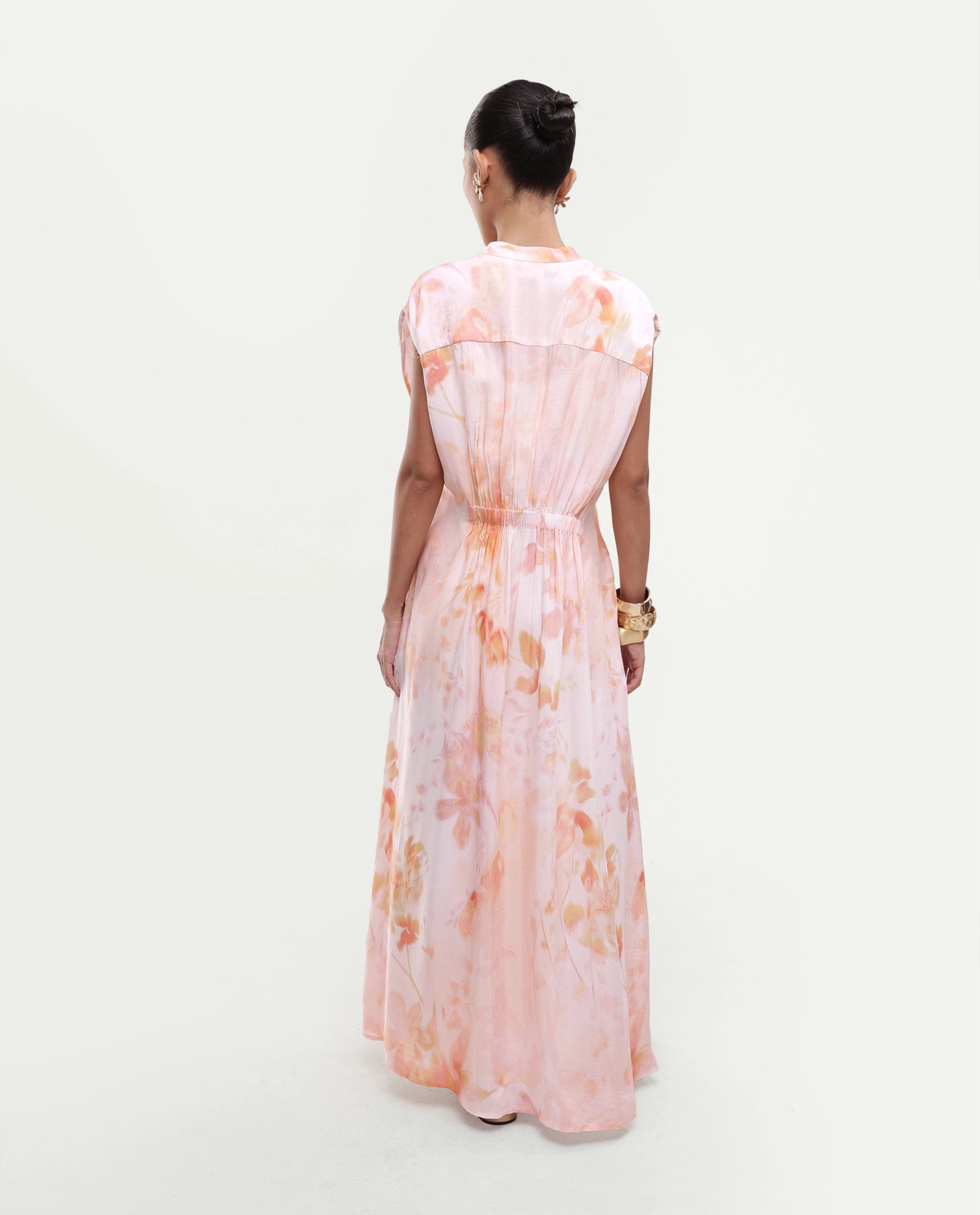 Rareism Women's Houxa Pastel Peach Viscose Blend Fabric Band Collar Fit And Flare Ombre Dress