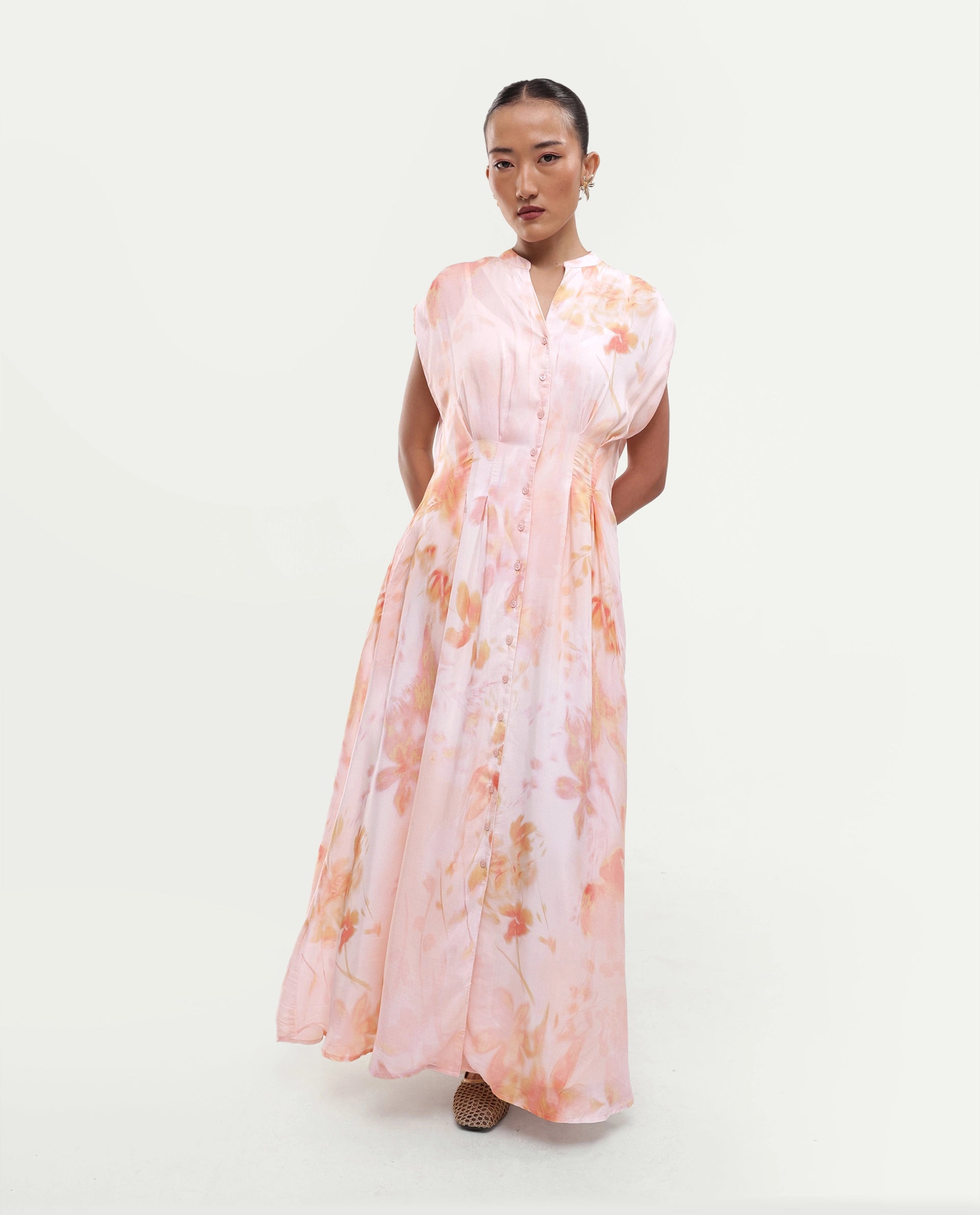 Rareism Women's Houxa Pastel Peach Viscose Blend Fabric Band Collar Fit And Flare Ombre Dress