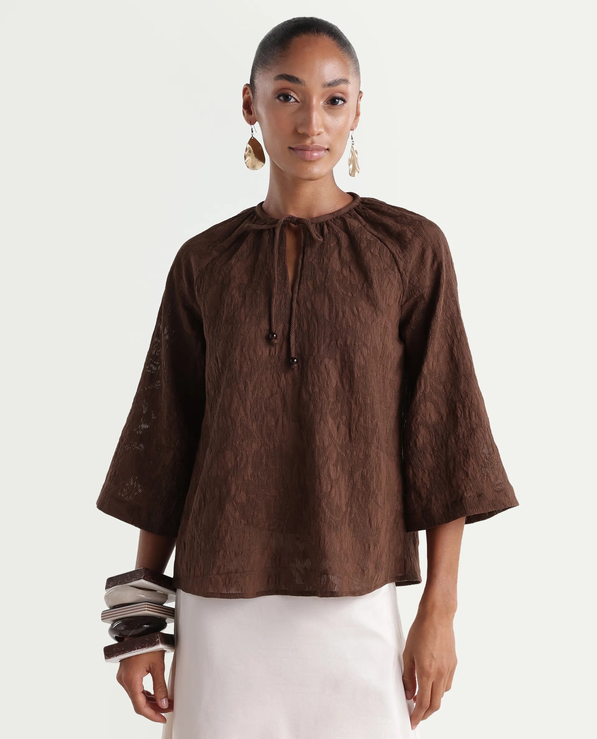 Rareism Women's Rucos Brown Viscose Blend Crew Neck Relaxed Jacquard Top