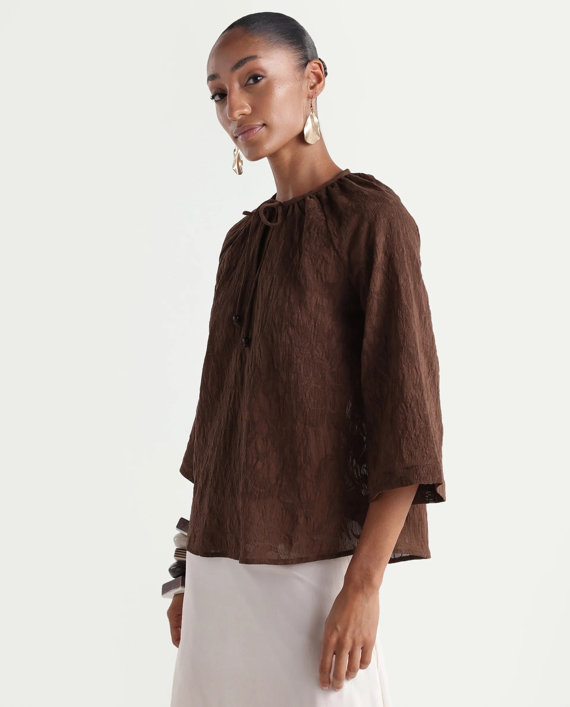 Rareism Women's Rucos Brown Viscose Blend Crew Neck Relaxed Jacquard Top