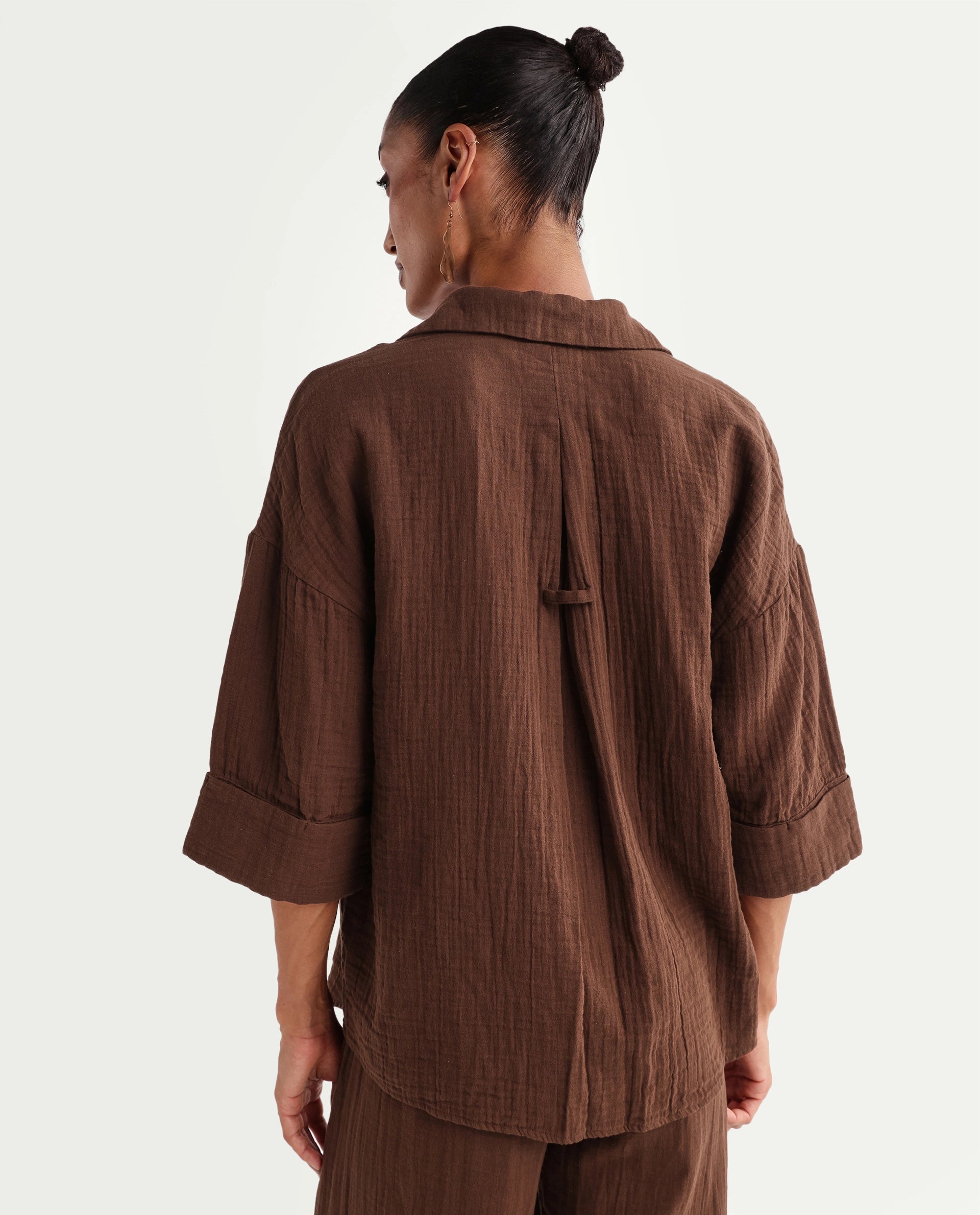 Rareism Women's Rudoc-T Brown Cotton Johnny Collar Oversized Plain Shirt