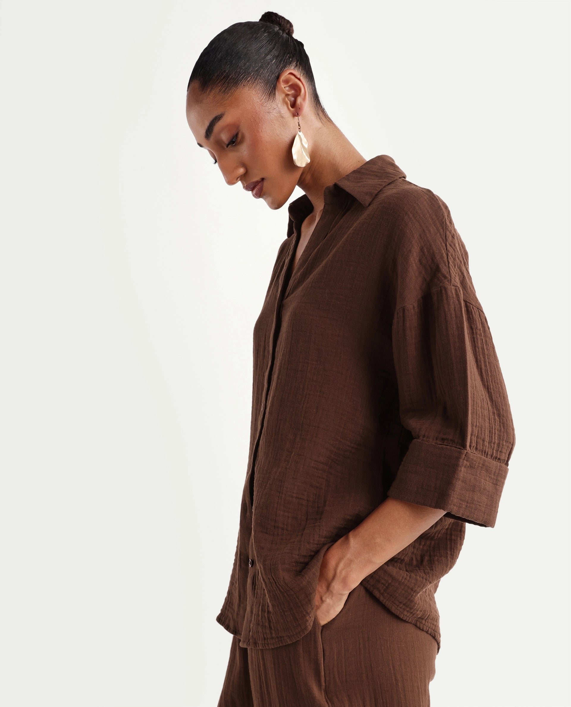 Rareism Women's Rudoc-T Brown Cotton Johnny Collar Oversized Plain Shirt