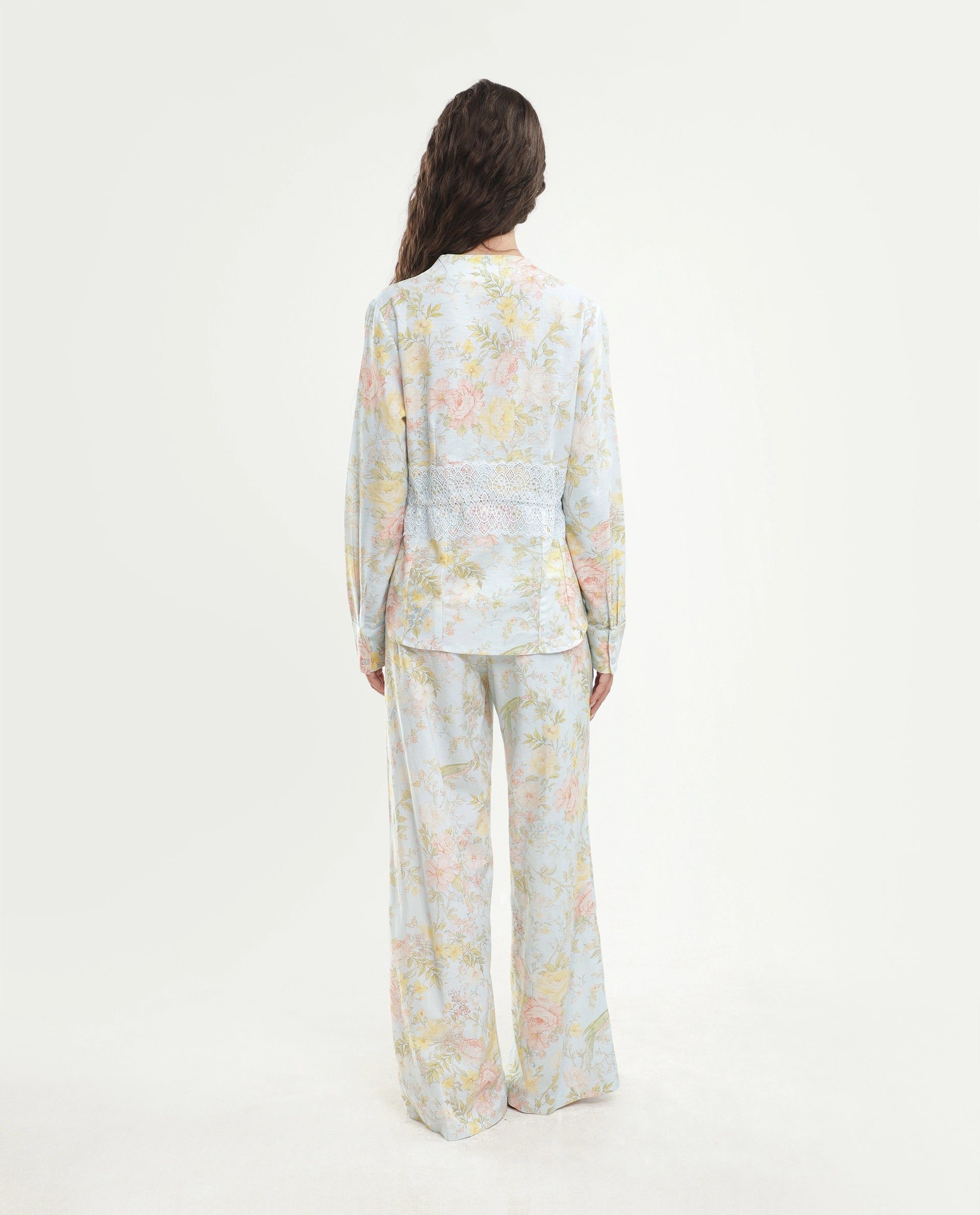 Rareism Women's Rufle-B Pastel Blue Viscose Blend Fabric Straight Floral Print Trouser