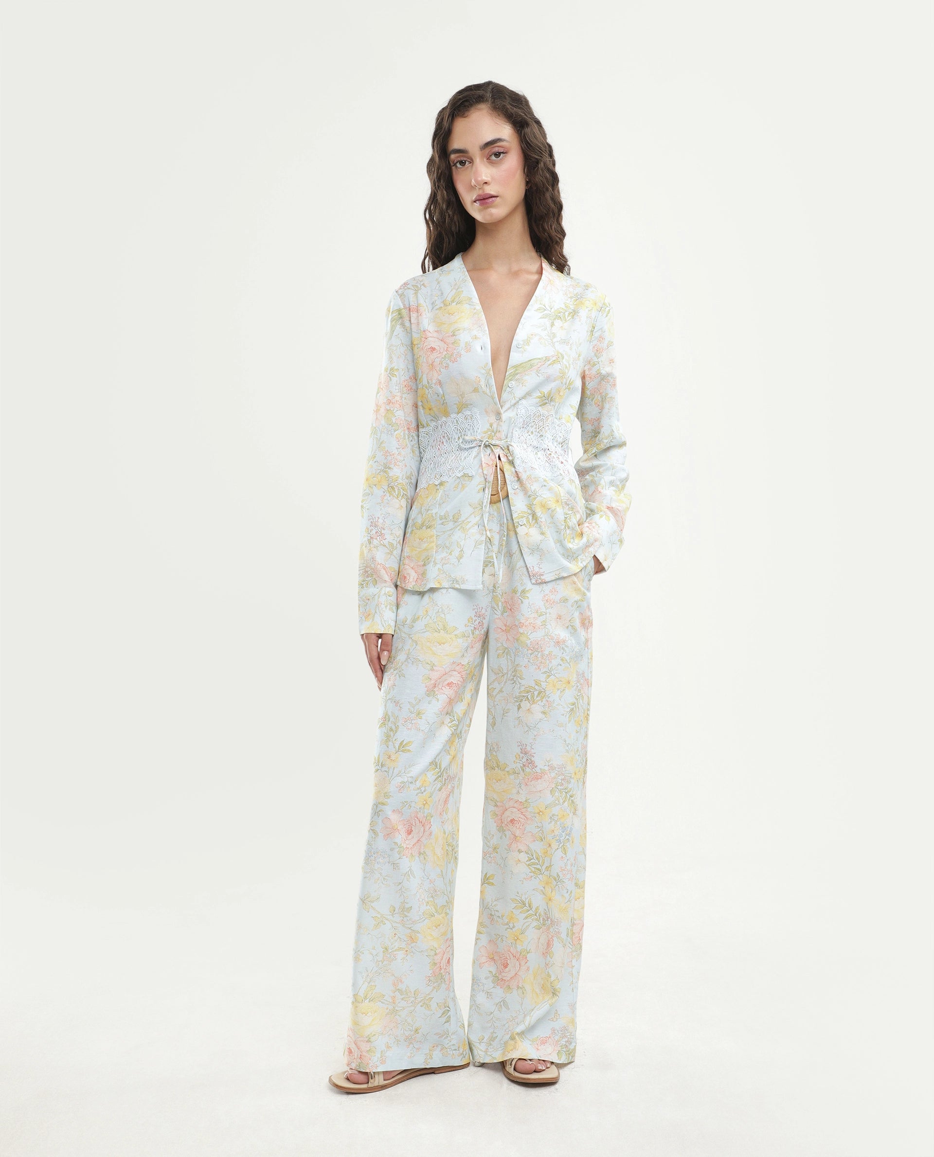 Rareism Women's Rufle-B Pastel Blue Viscose Blend Fabric Straight Floral Print Trouser