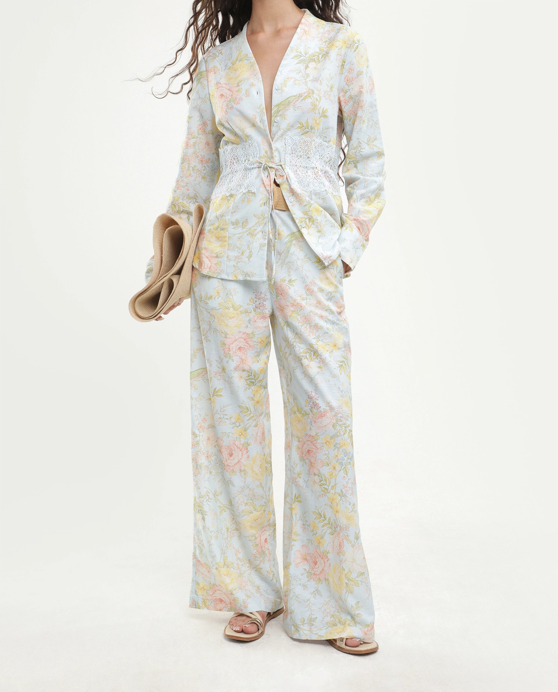 Rareism Women's Rufle-B Pastel Blue Viscose Blend Fabric Straight Floral Print Trouser