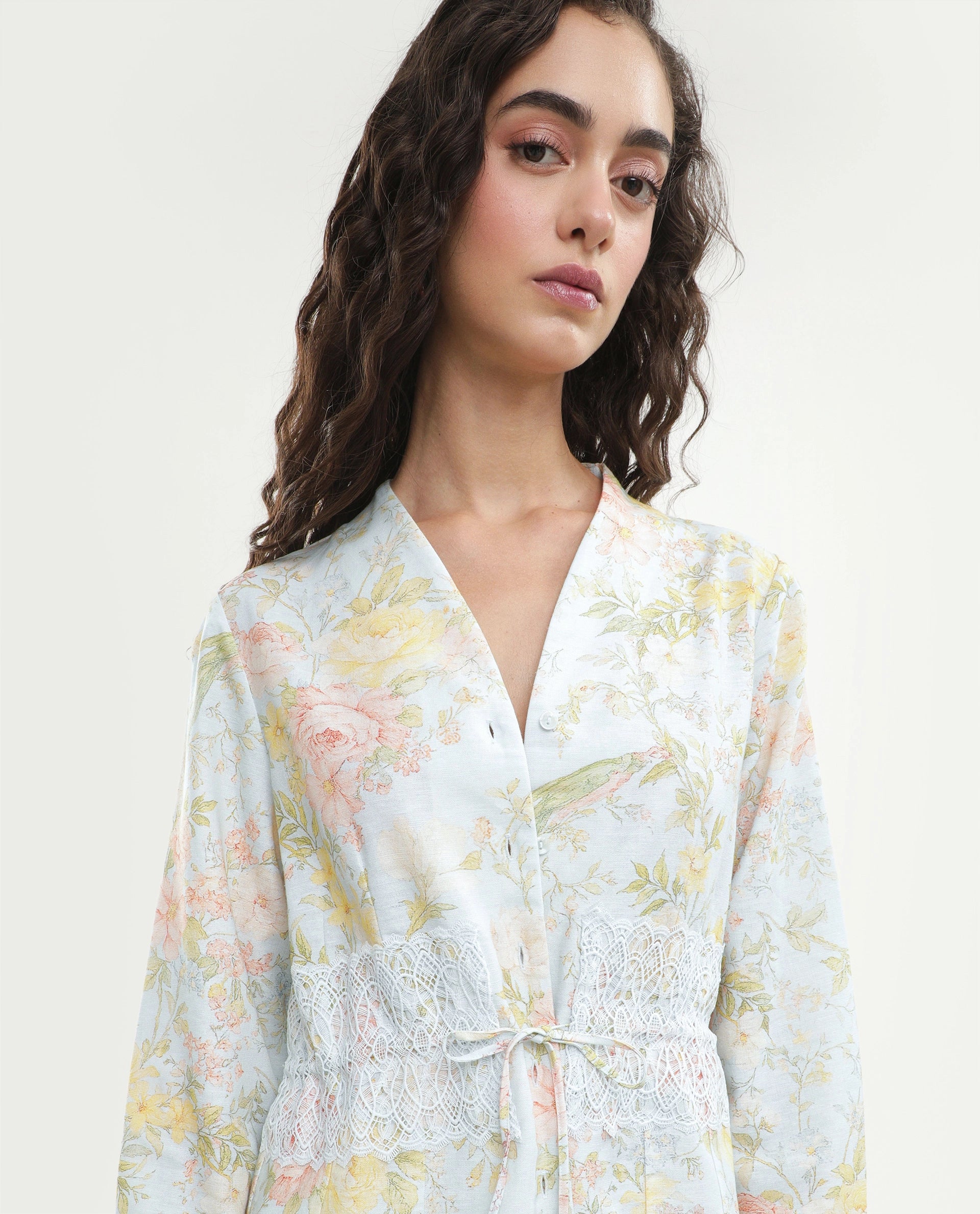 Rareism Women's Rufle-T Pastel Blue Viscose Blend Fabric Spread Collar Regular Floral Print Top