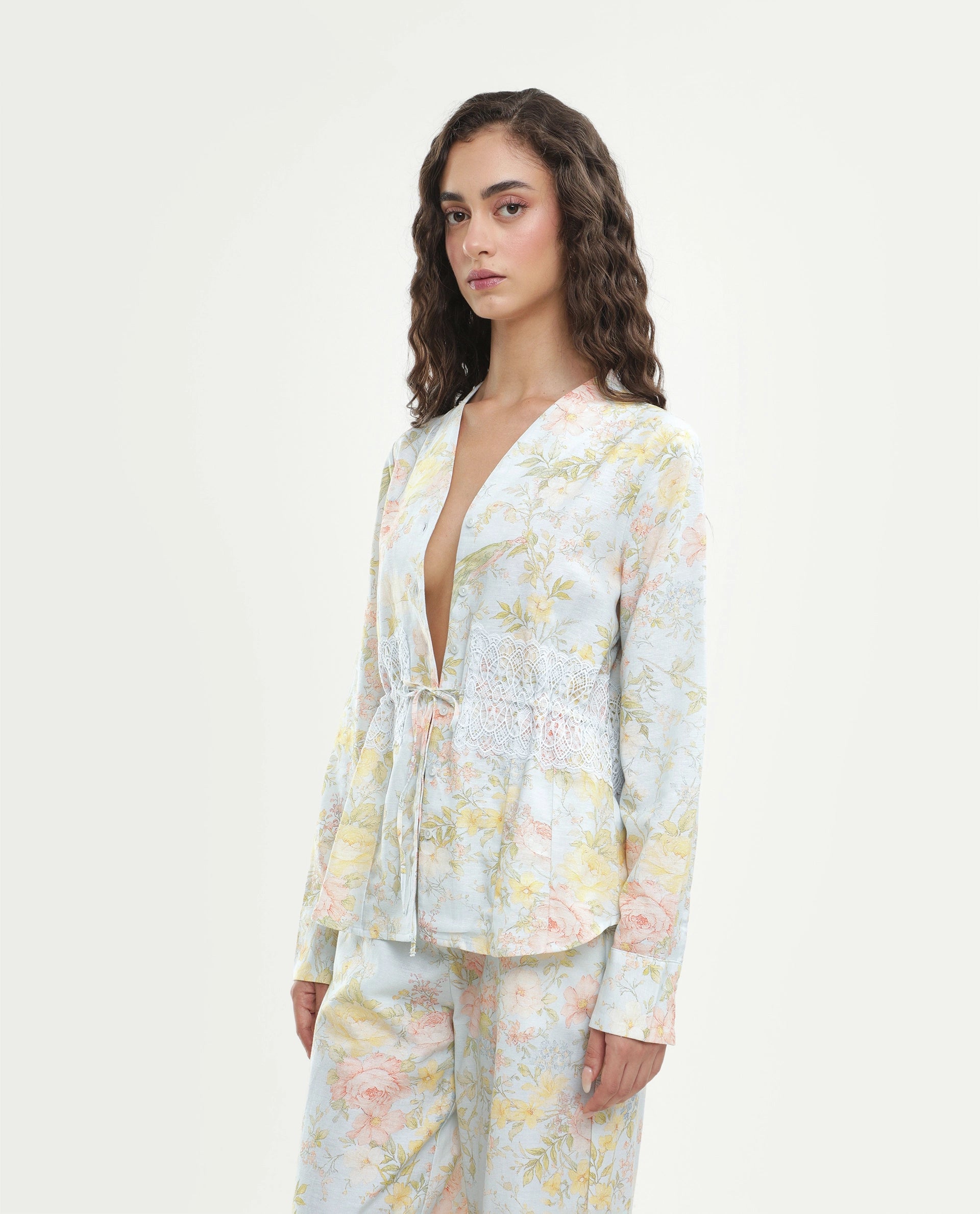 Rareism Women's Rufle-T Pastel Blue Viscose Blend Fabric Spread Collar Regular Floral Print Top