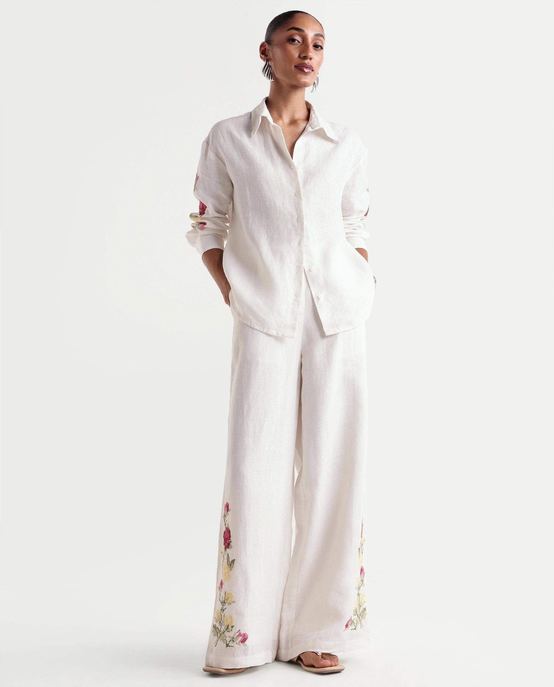 Rareism Women's Taish-B Light Off-White 100% Linen Wide Plain Trouser