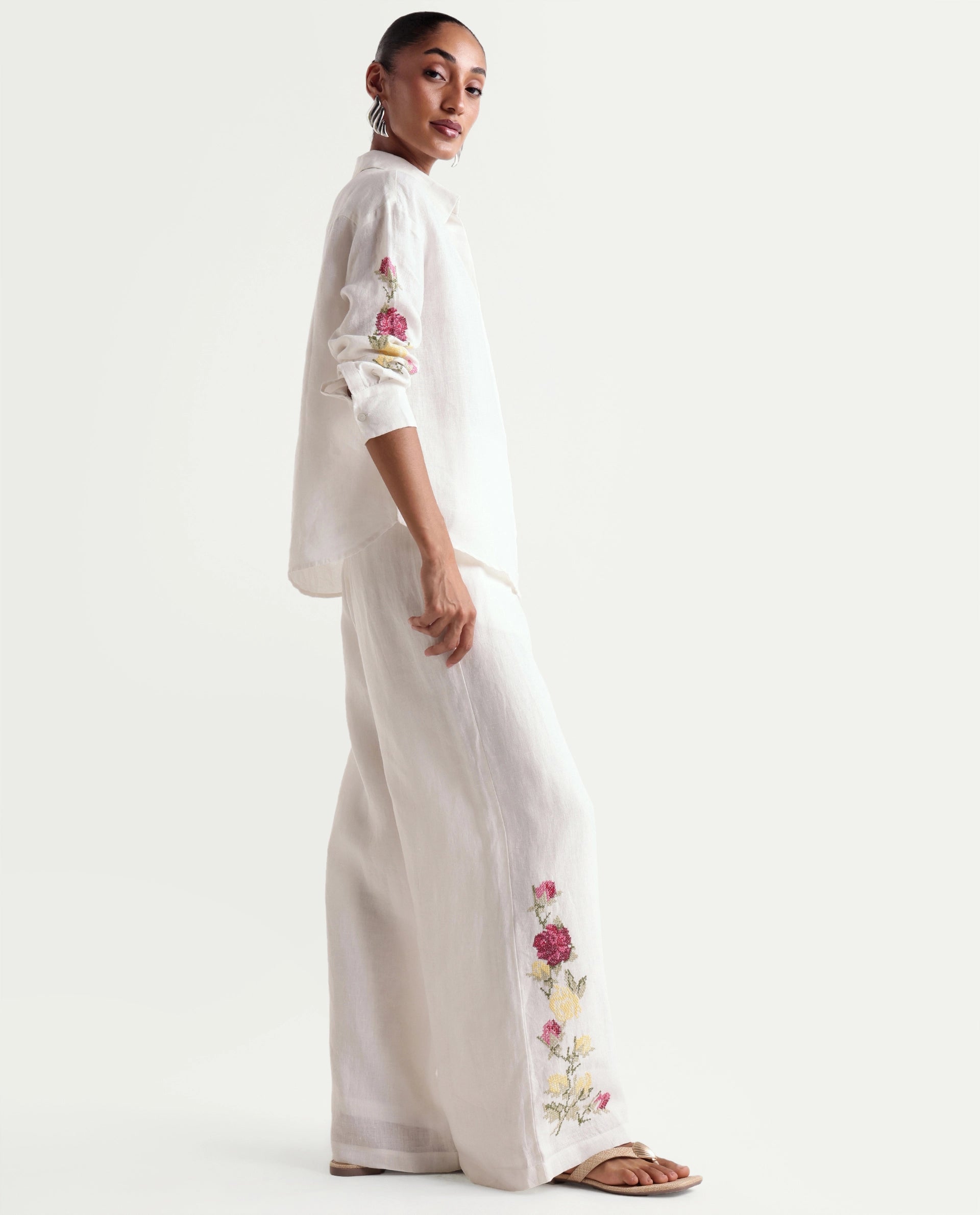 Rareism Women's Taish-B Light Off-White 100% Linen Wide Plain Trouser