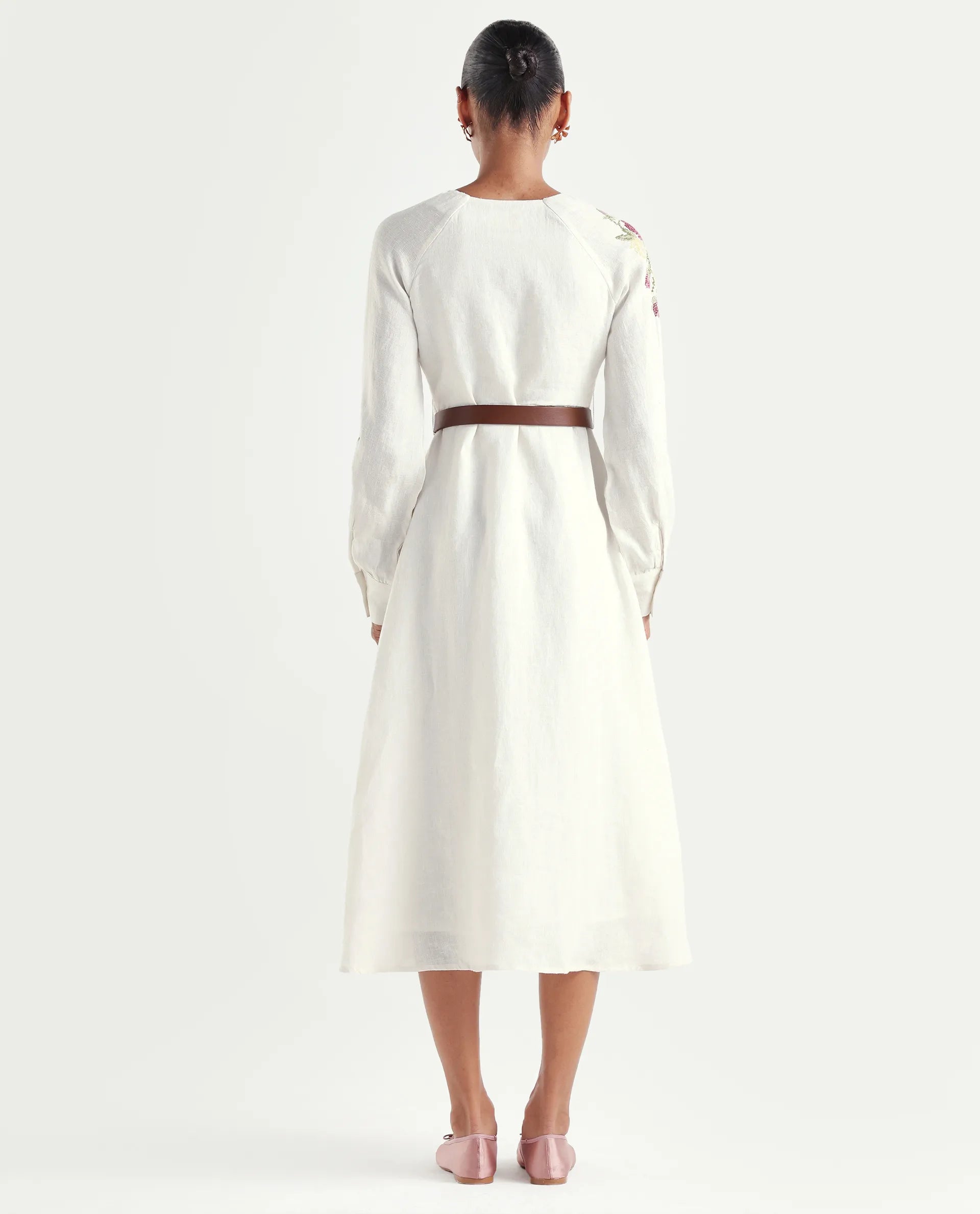 Rareism Women's Tiana Off White 100% Linen Mandarin Collar Button Relaxed Plain Dress