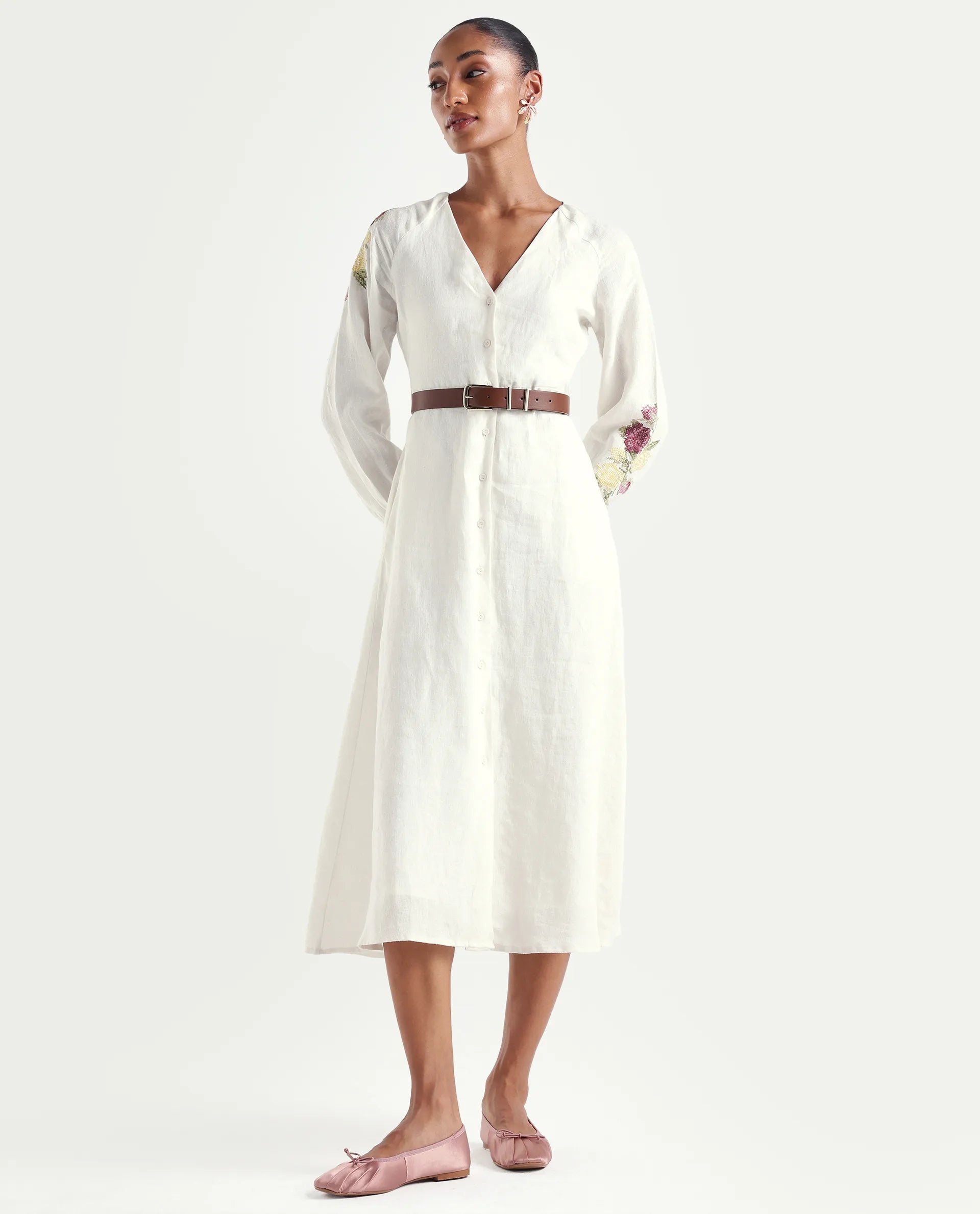 Rareism Women's Tiana Off White 100% Linen Mandarin Collar Button Relaxed Plain Dress