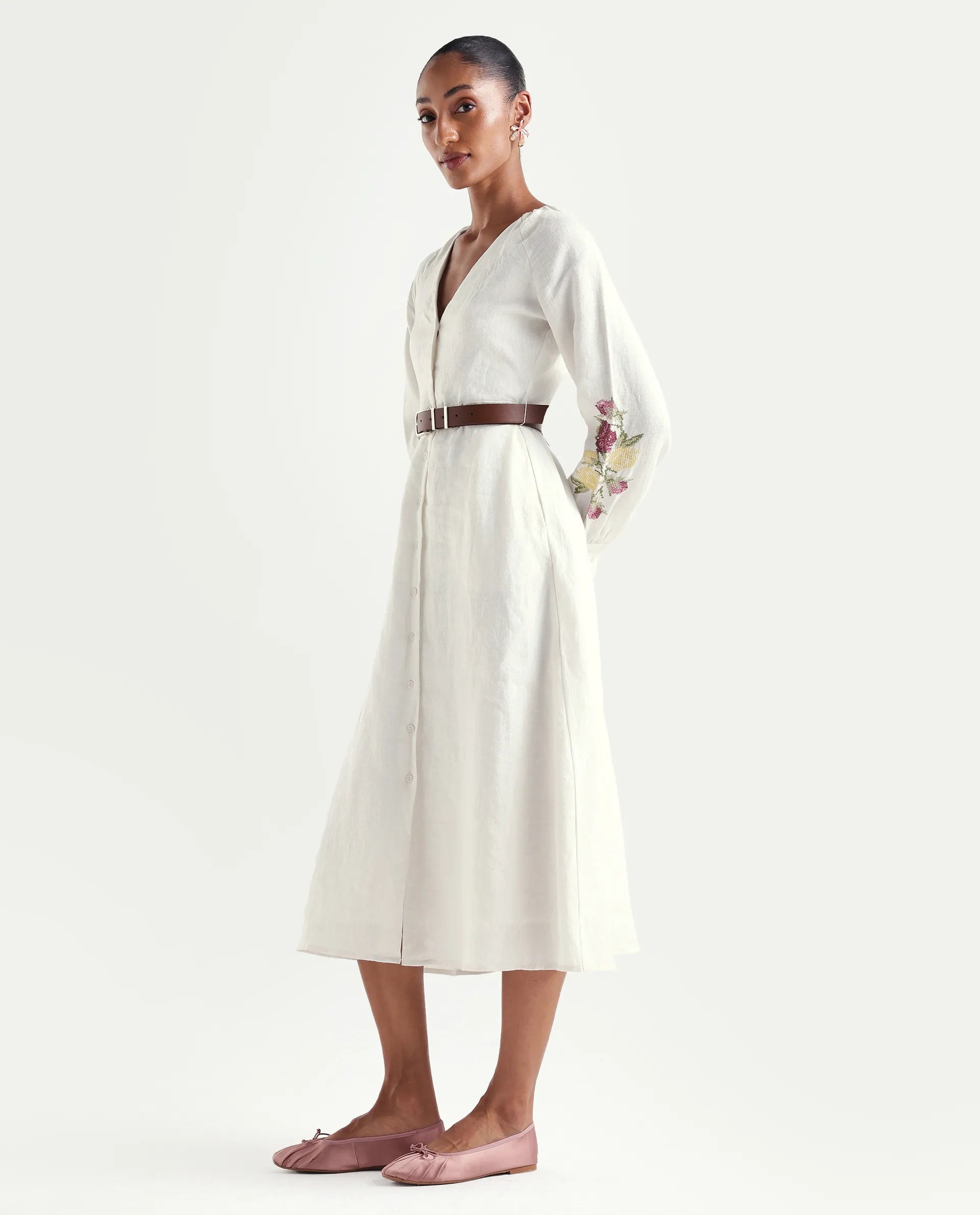 Rareism Women's Tiana Off White 100% Linen Mandarin Collar Button Relaxed Plain Dress