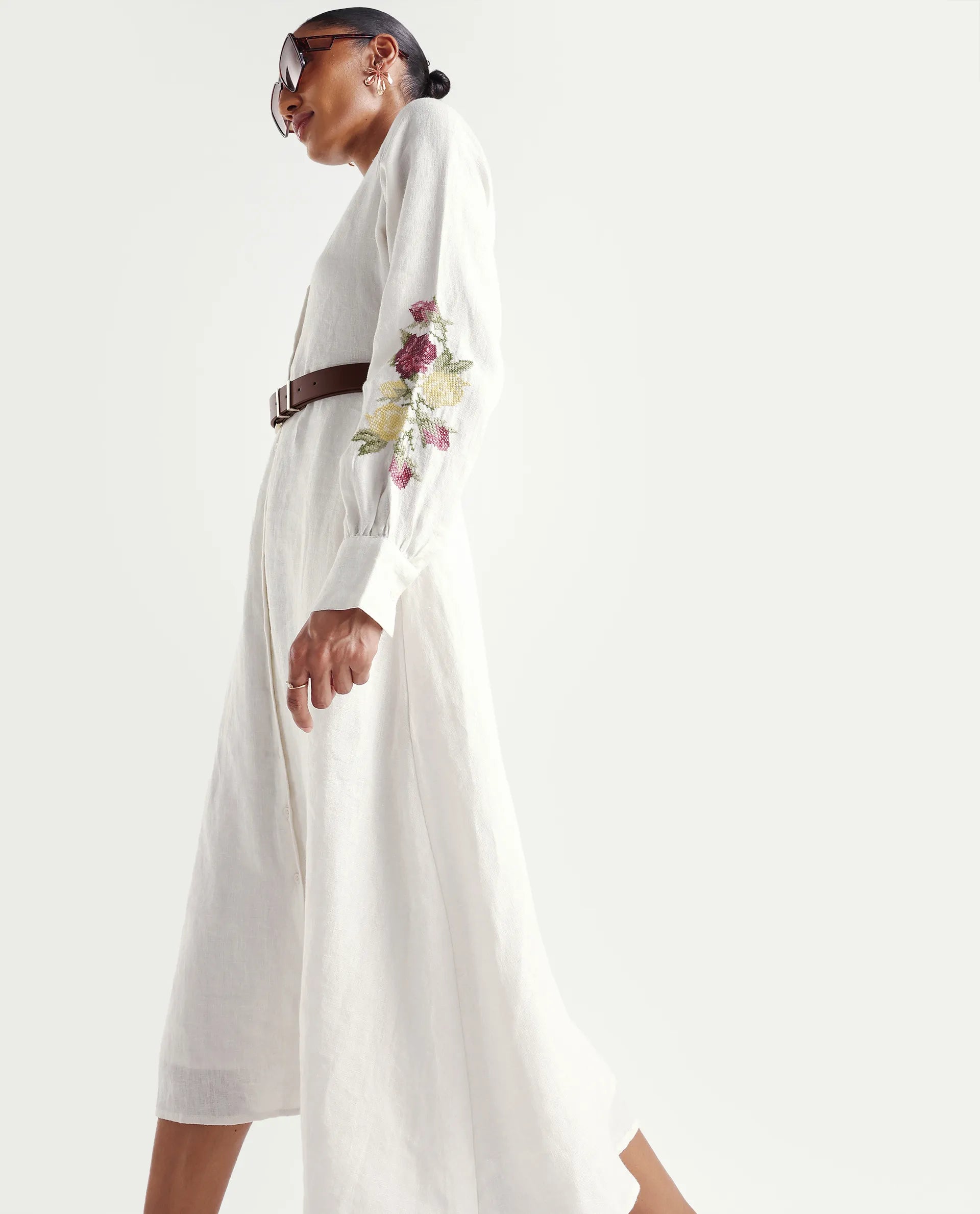 Rareism Women's Tiana Off White 100% Linen Mandarin Collar Button Relaxed Plain Dress