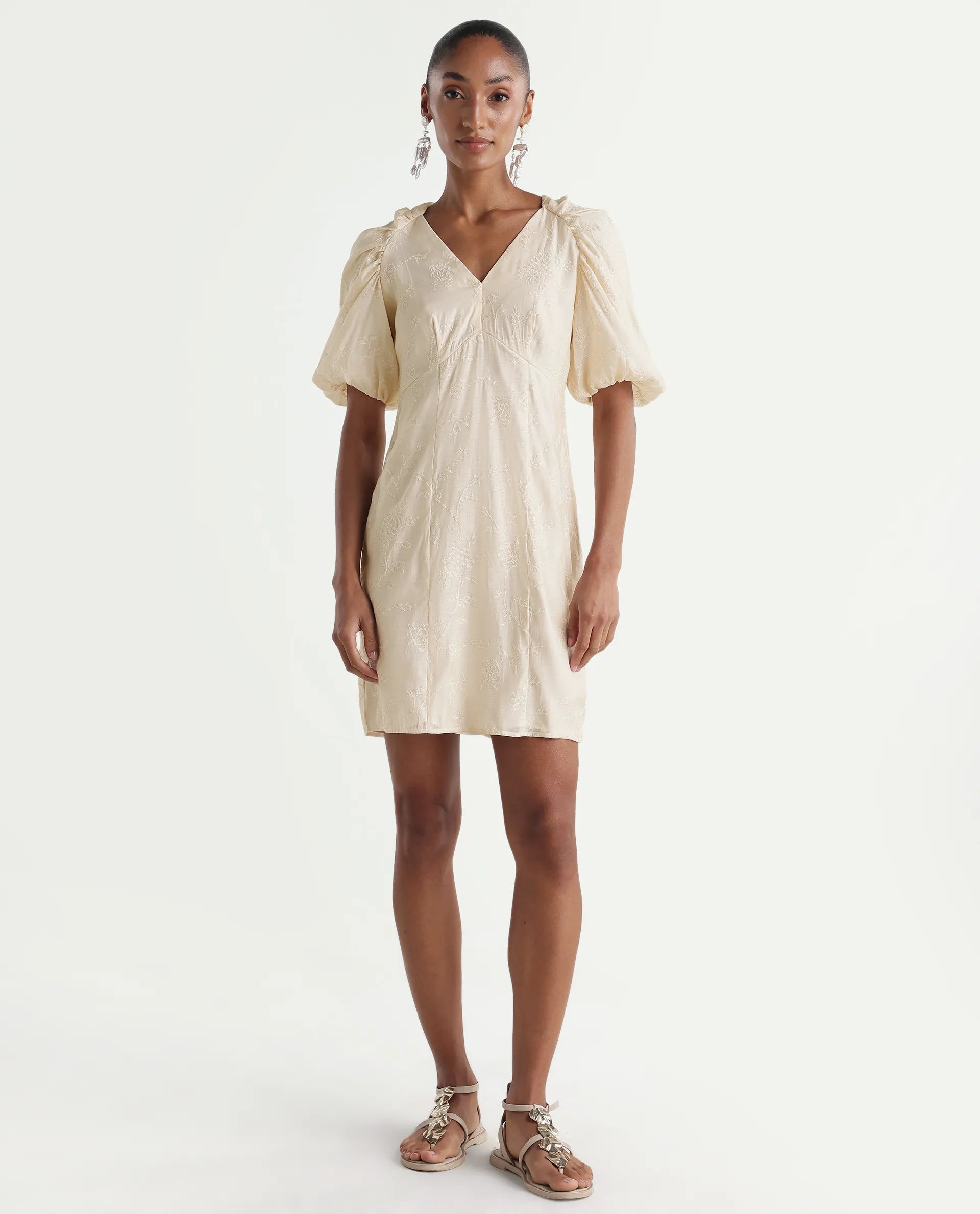 Rareism Women's Tash Pastel Beige Viscose Bodycon Plain Dress