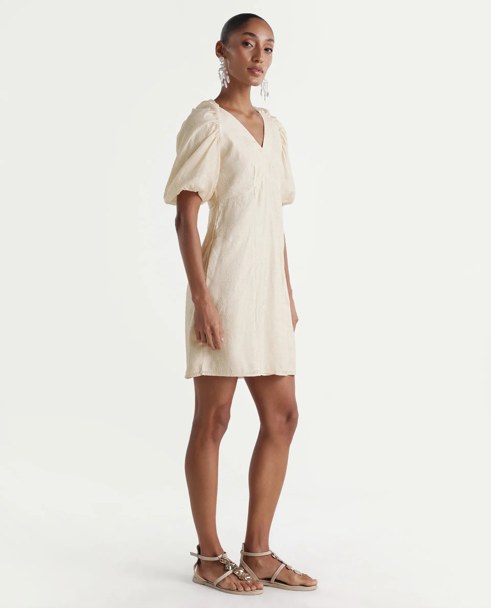 Rareism Women's Tash Pastel Beige Viscose Bodycon Plain Dress