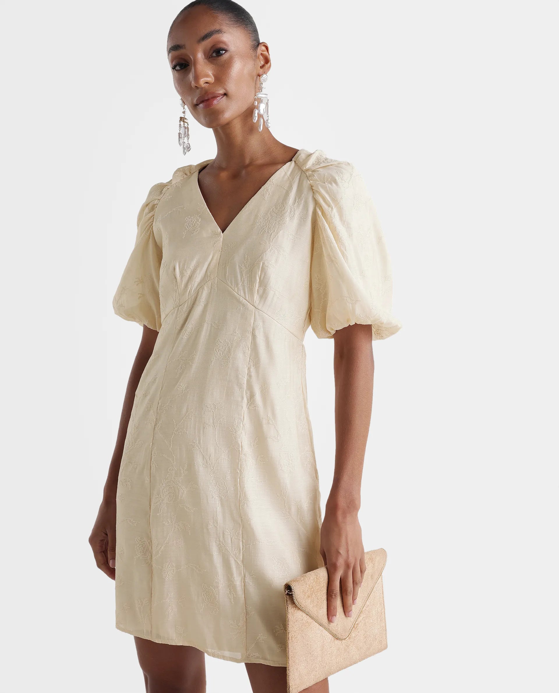 Rareism Women's Tash Pastel Beige Viscose Bodycon Plain Dress