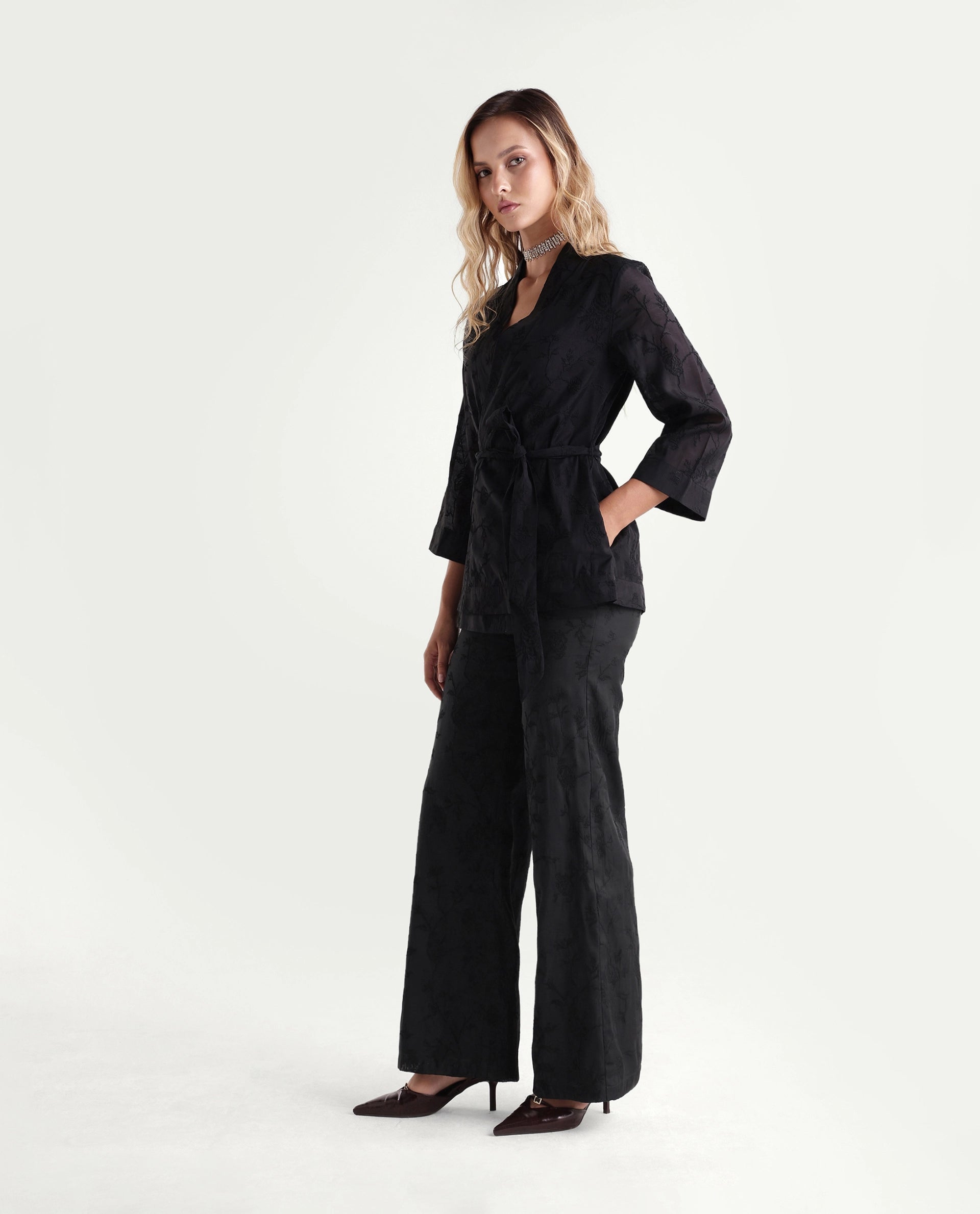 Rareism Women's Tezo-B Black Self Design Viscose Wide Leg Regular Trouser