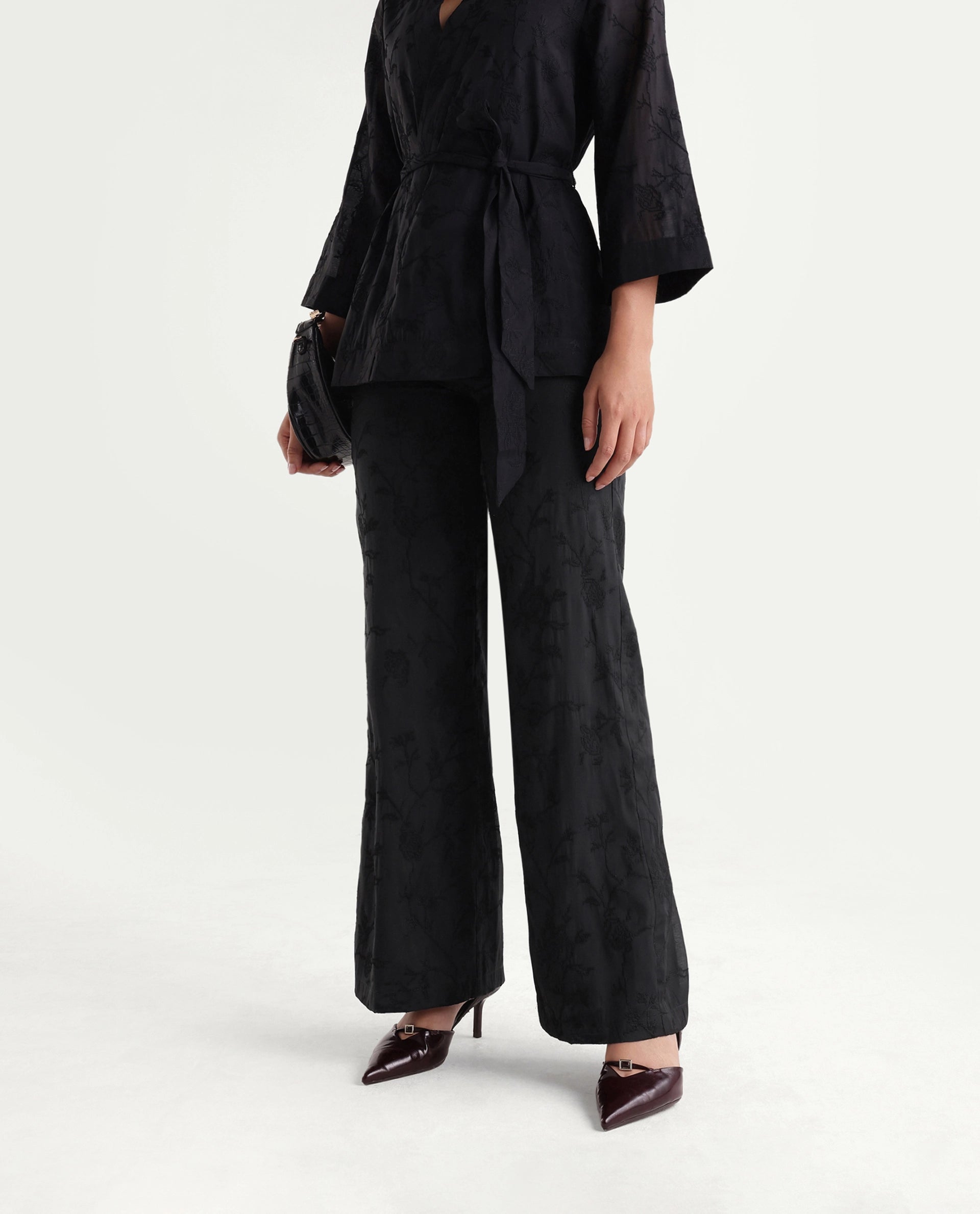 Rareism Women's Tezo-B Black Self Design Viscose Wide Leg Regular Trouser