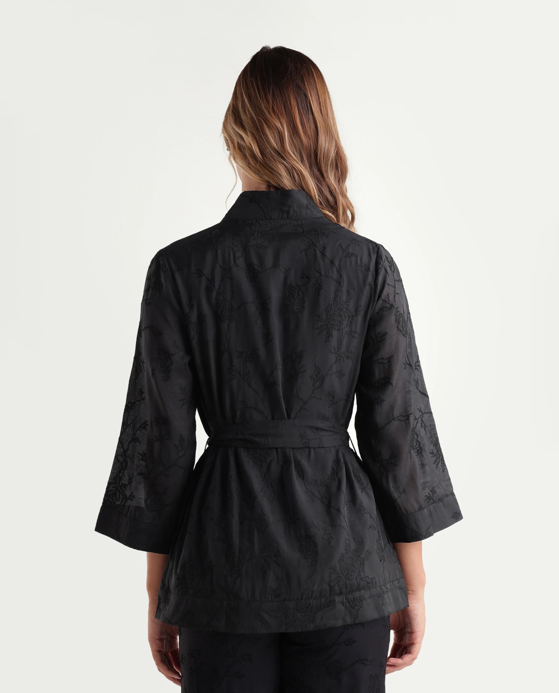 Rareism Women's Tezo-T Black Jacquard Viscose Wrap Three Quarter Sleeve Shrug