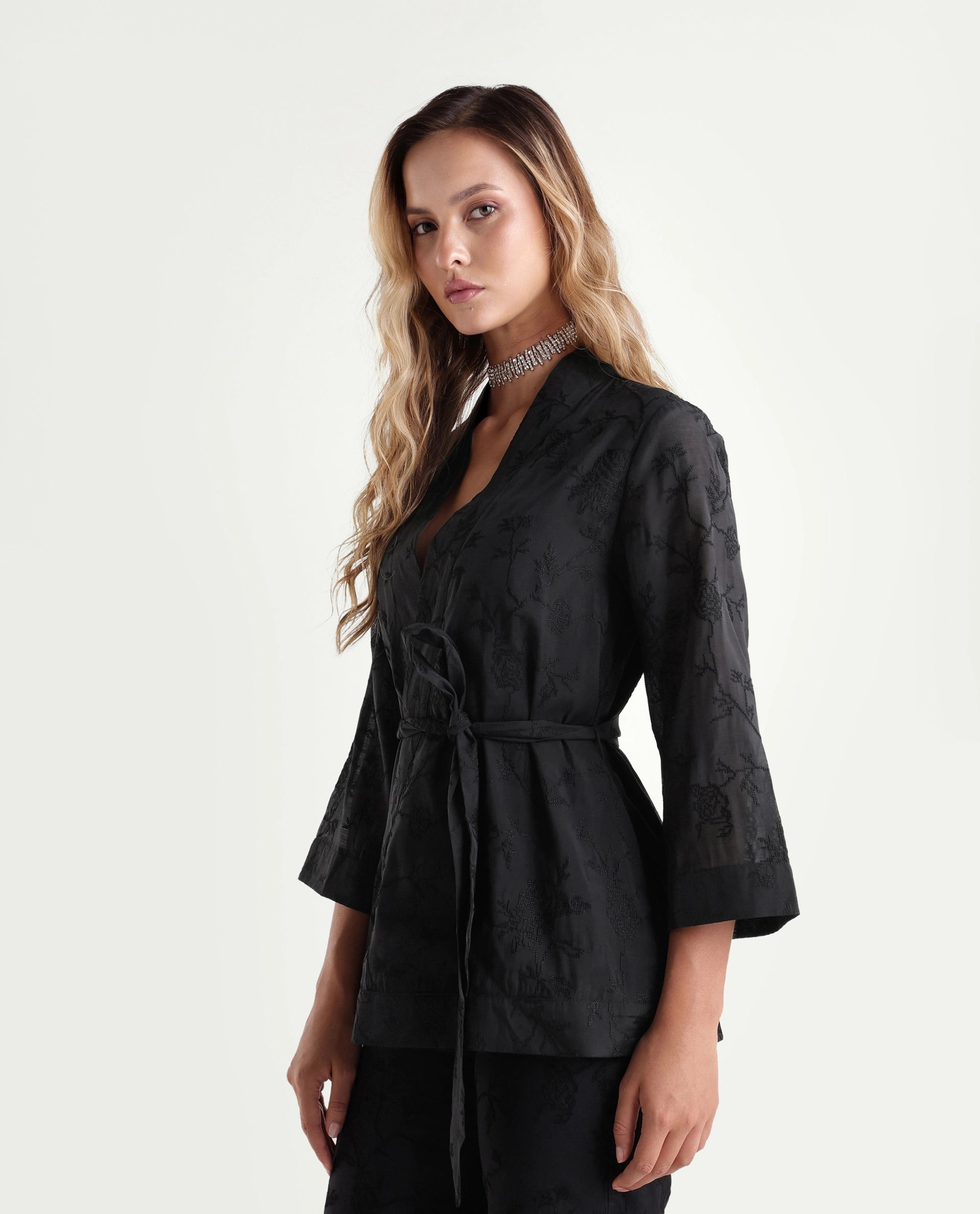 Rareism Women's Tezo-T Black Jacquard Viscose Wrap Three Quarter Sleeve Shrug