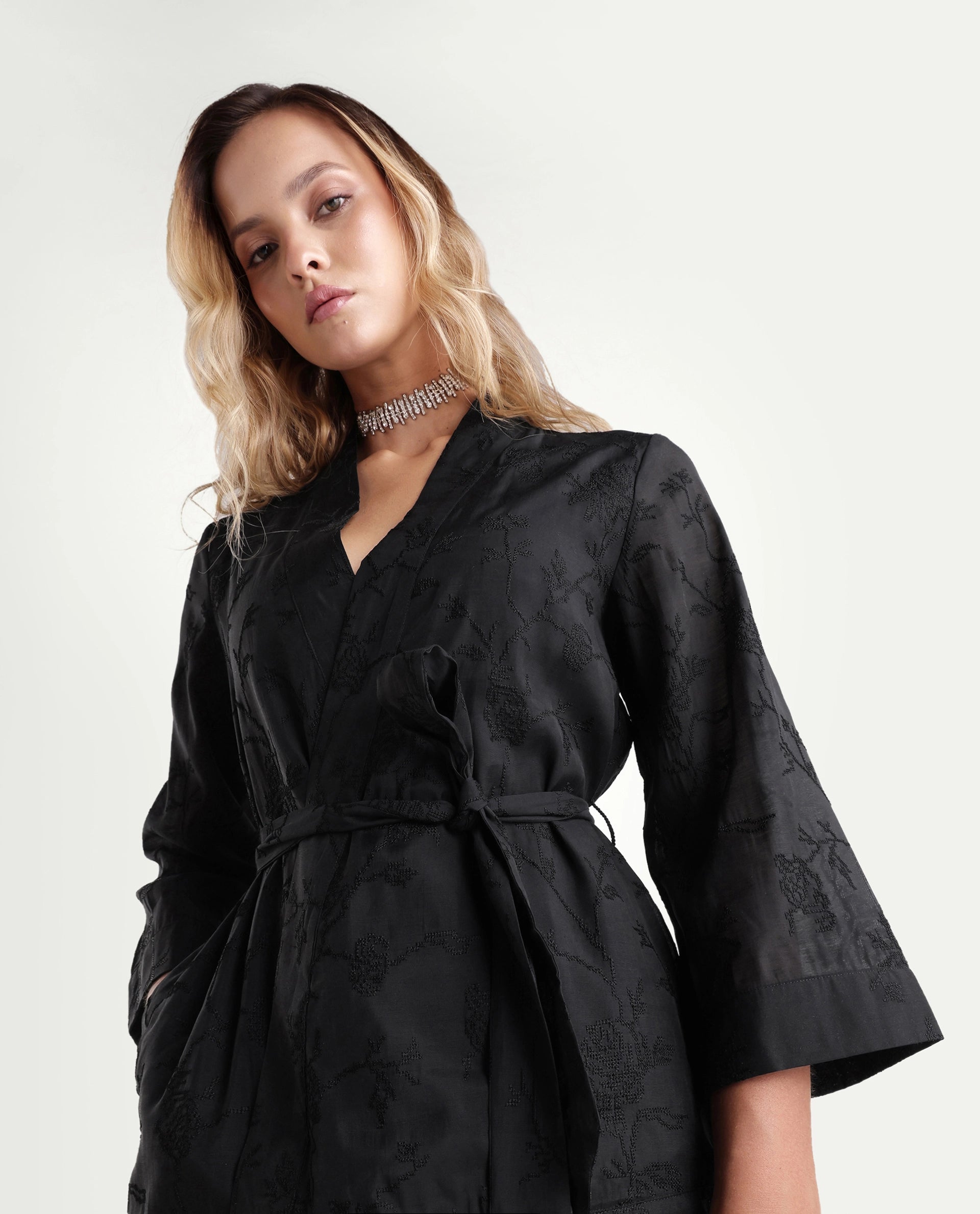 Rareism Women's Tezo-T Black Jacquard Viscose Wrap Three Quarter Sleeve Shrug