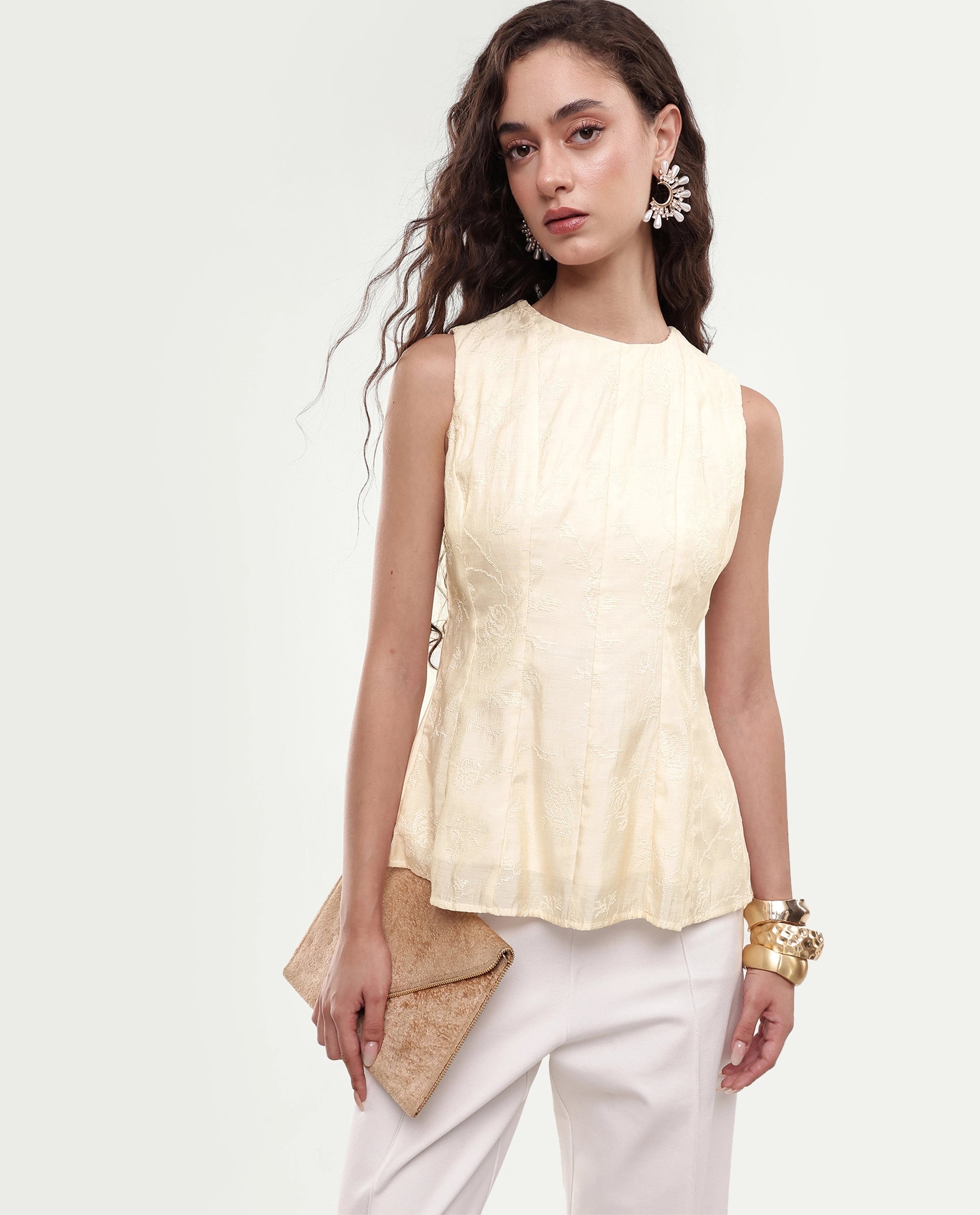 Rareism Women's Tish Pastel Beige Viscose Button And Zip Fit And Flare Plain Top
