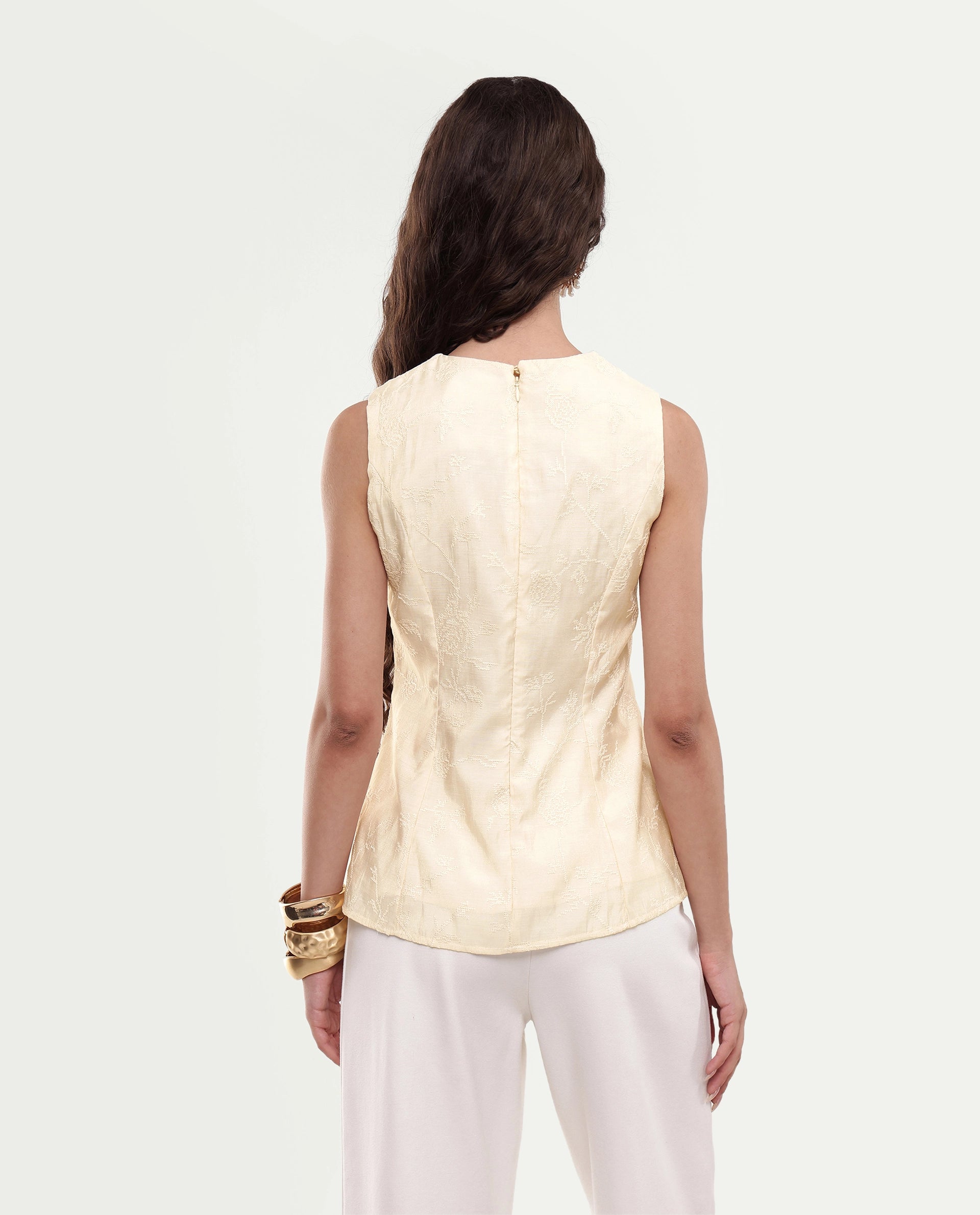 Rareism Women's Tish Pastel Beige Viscose Button And Zip Fit And Flare Plain Top
