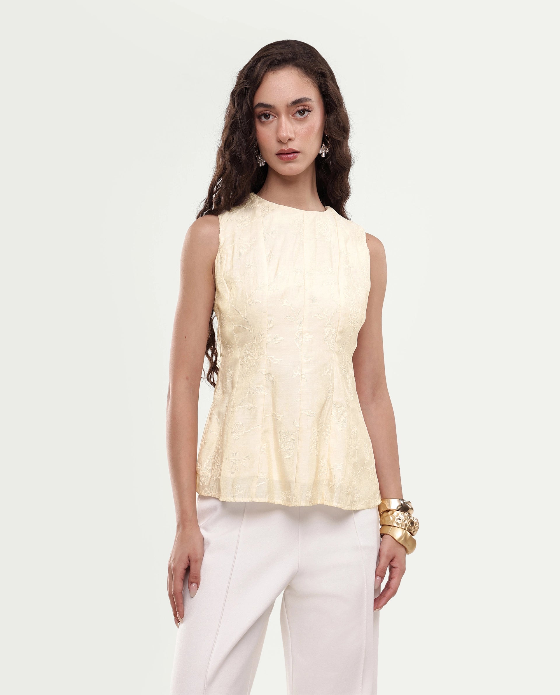 Rareism Women's Tish Pastel Beige Viscose Button And Zip Fit And Flare Plain Top