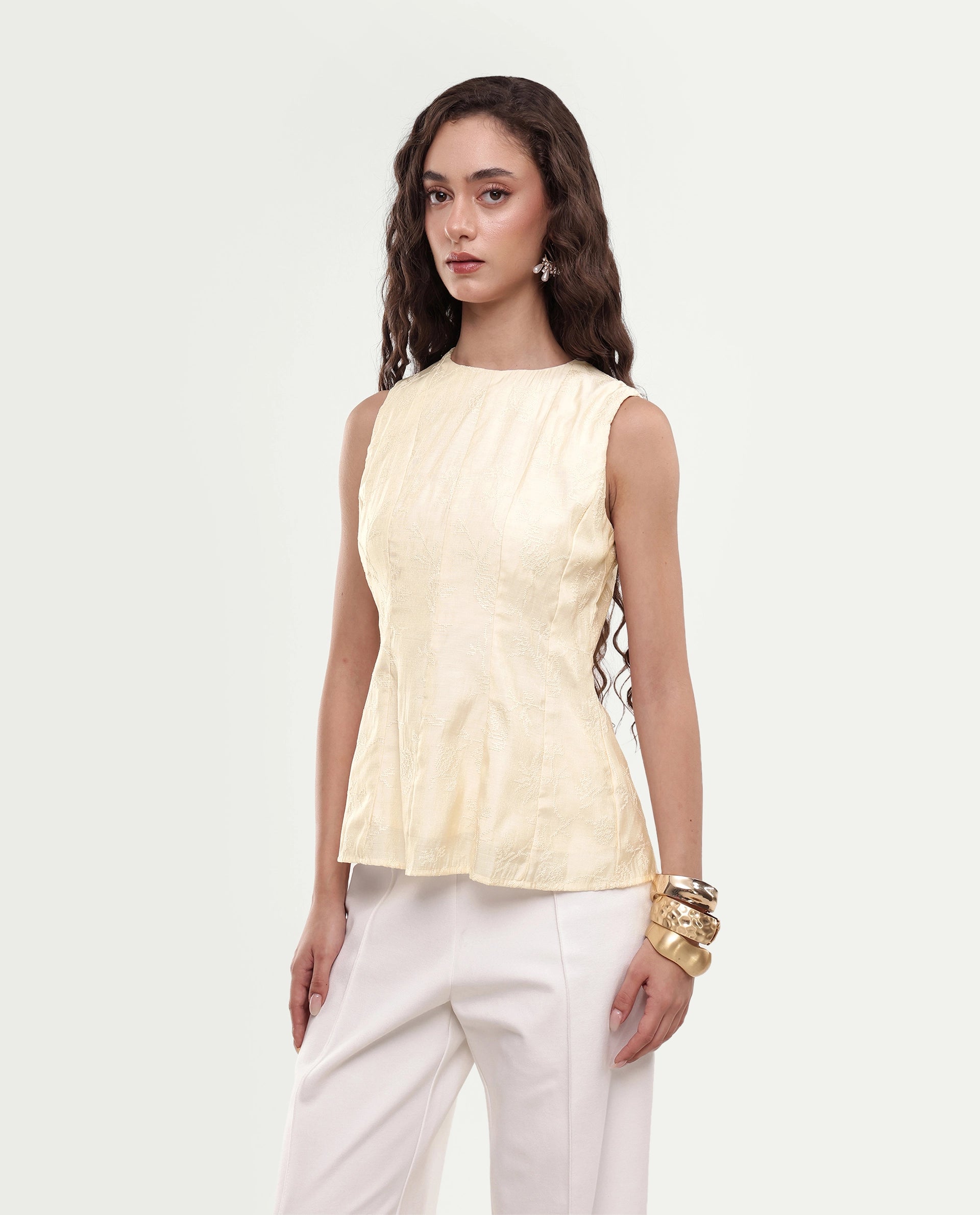 Rareism Women's Tish Pastel Beige Viscose Button And Zip Fit And Flare Plain Top