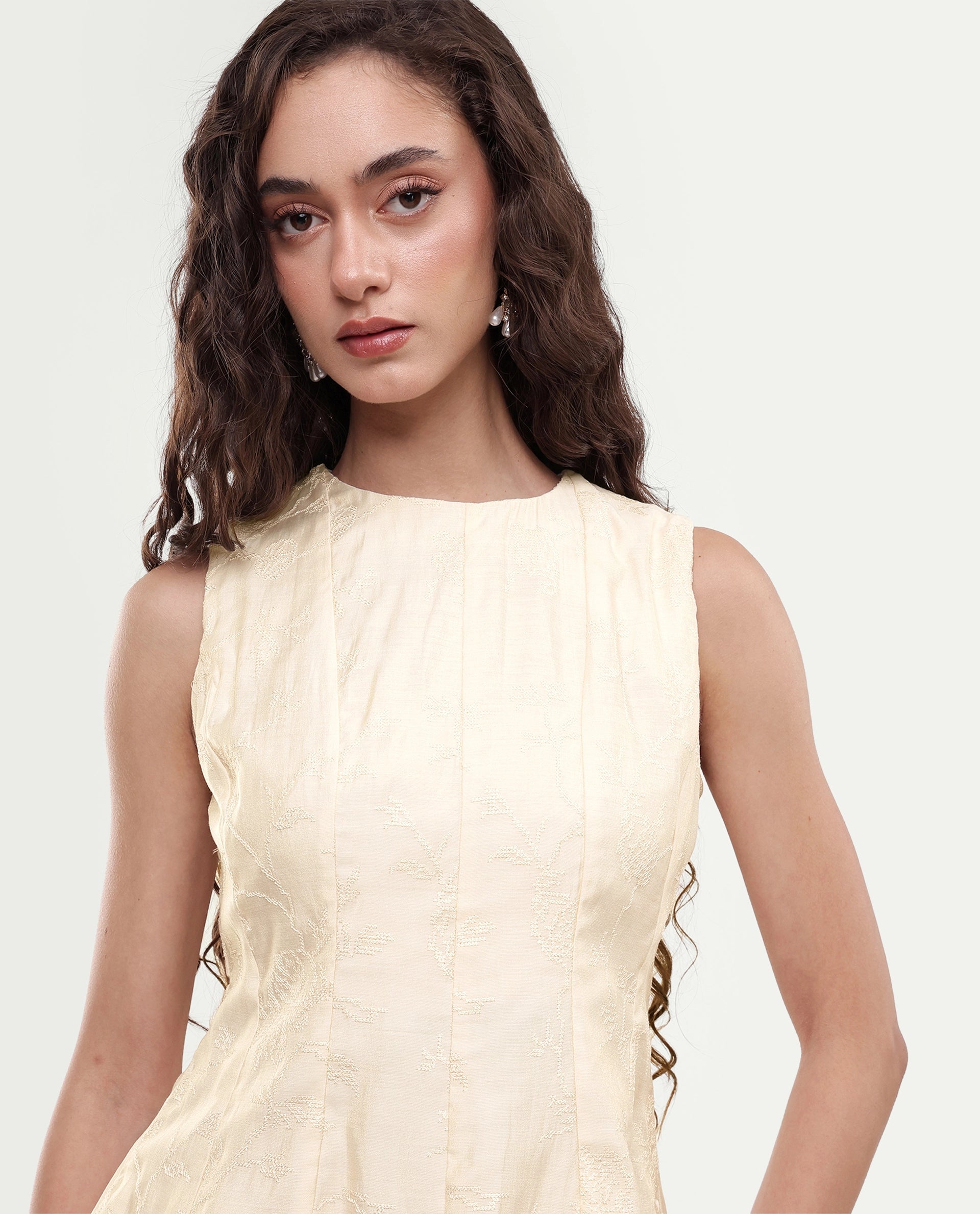 Rareism Women's Tish Pastel Beige Viscose Button And Zip Fit And Flare Plain Top