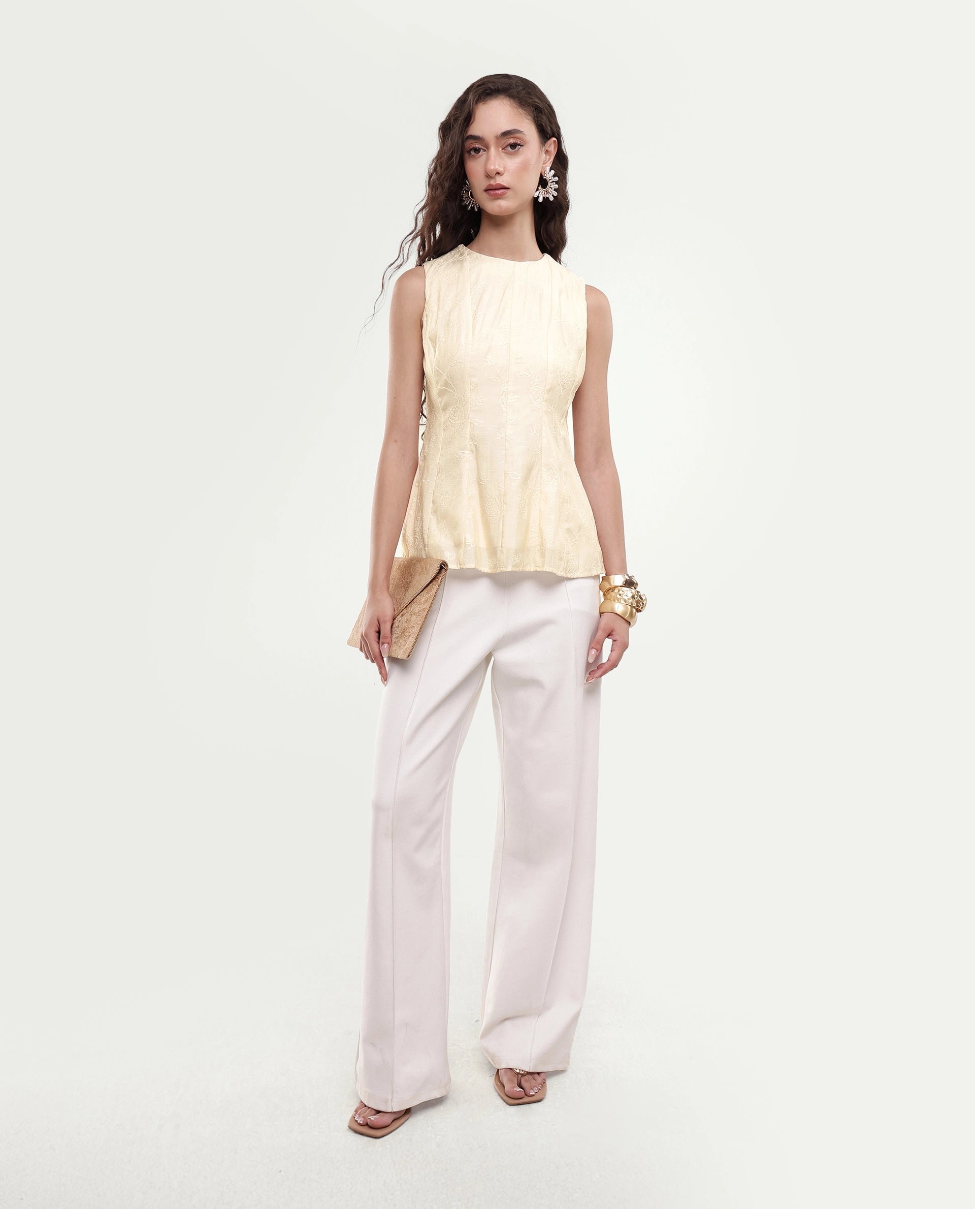 Rareism Women's Tish Pastel Beige Viscose Button And Zip Fit And Flare Plain Top