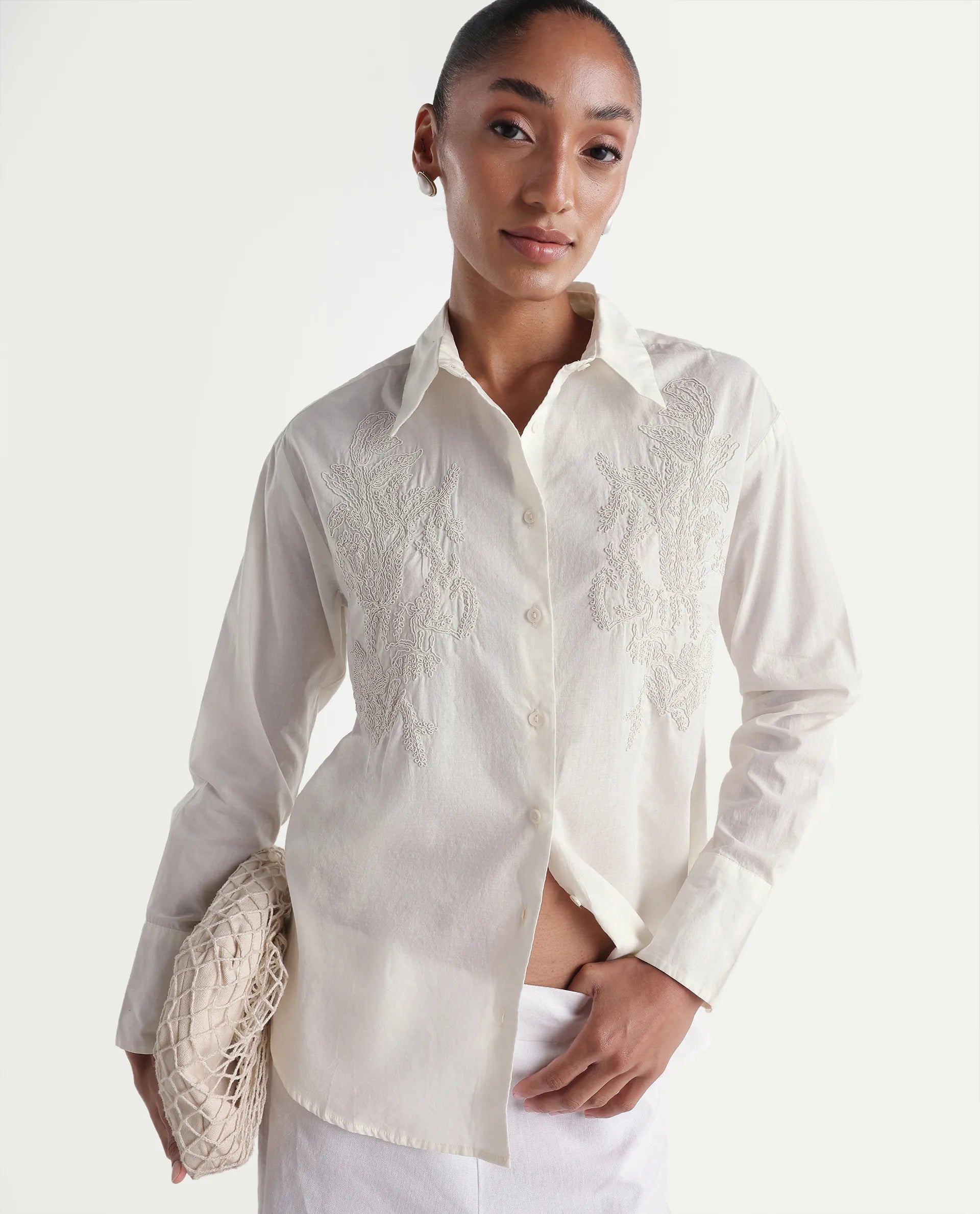 Rareism Women's Torim Light Off White Cotton Spread Collar Button Regular Plain Shirt