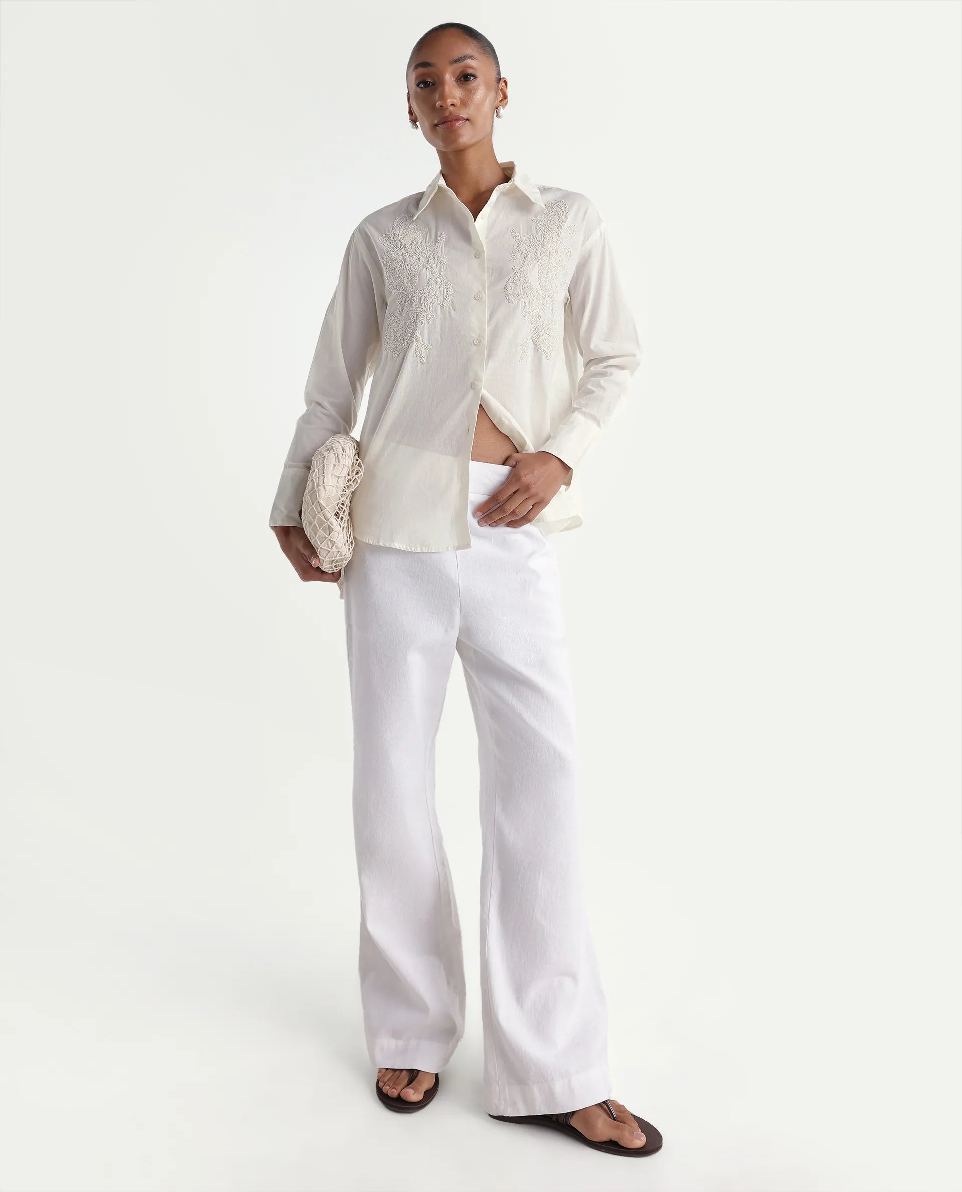Rareism Women's Torim Light Off White Cotton Spread Collar Button Regular Plain Shirt
