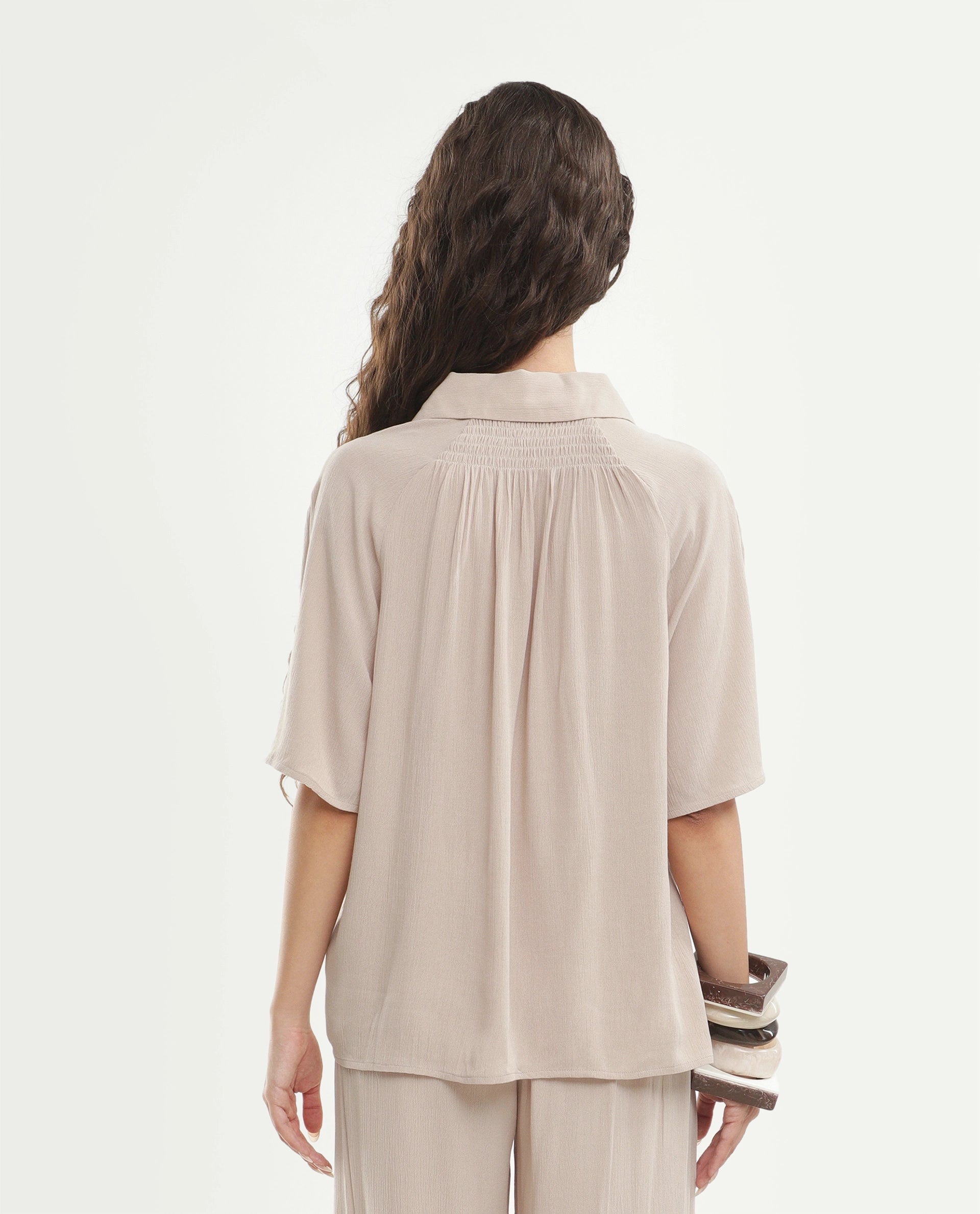 Rareism Women's Vaxon-T Beige Viscose Fabric Johnny Collar Relaxed Plain Top