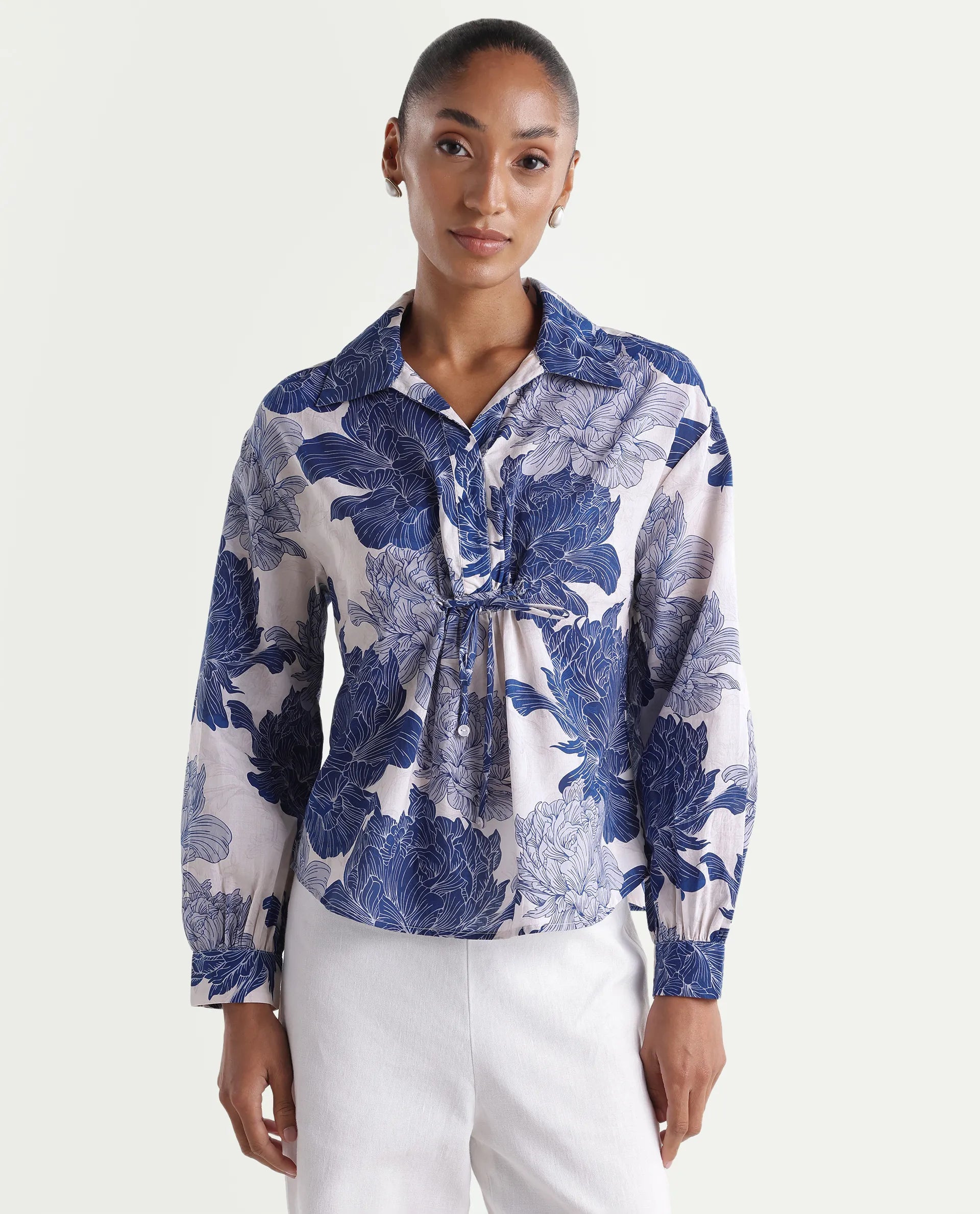 Rareism Women's Vetot Blue Cotton Johnny Collar Relaxed Floral Print Top