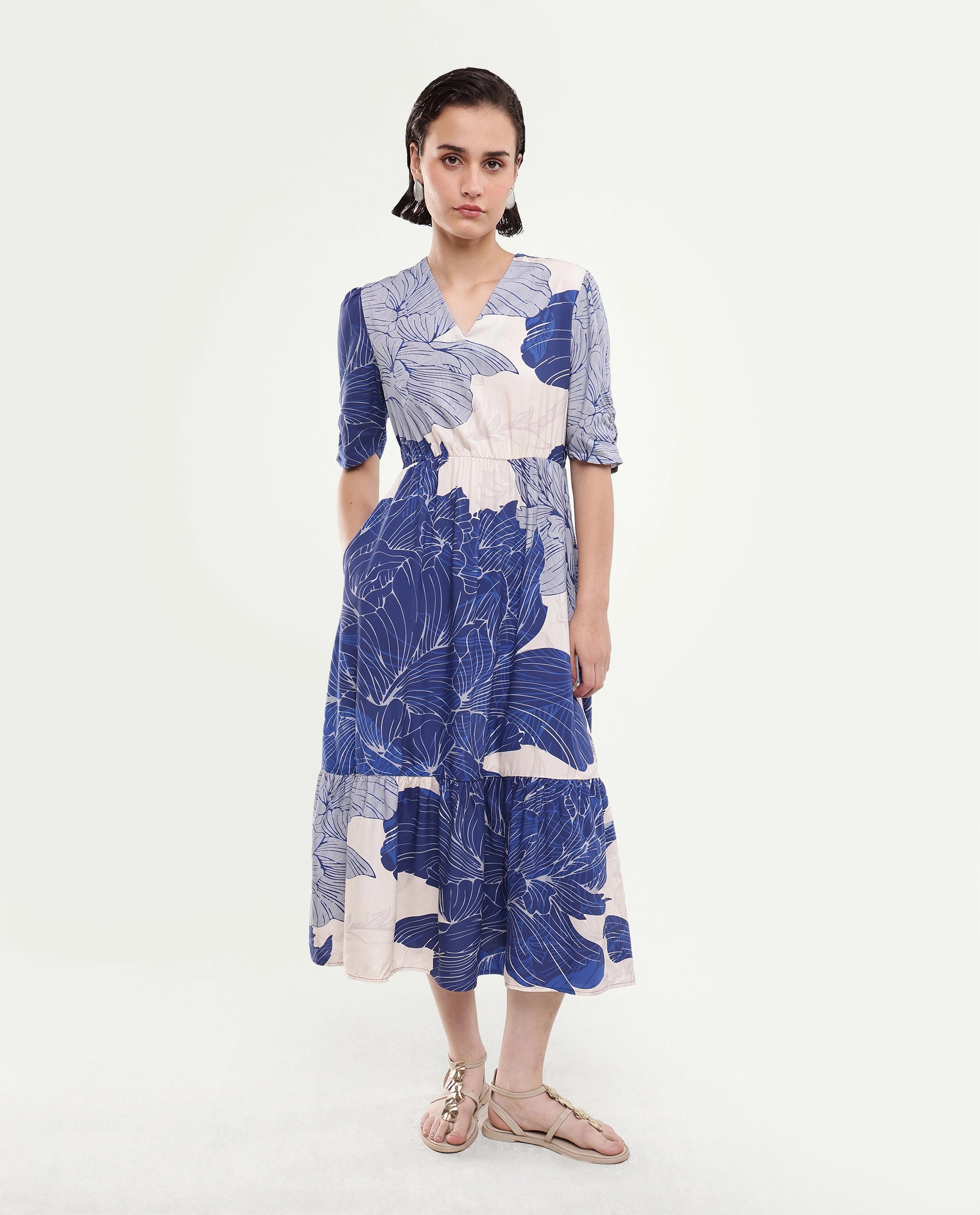 Rareism Women's Vuxon Blue Viscose V-Neck Fit And Flare Floral Print Dress