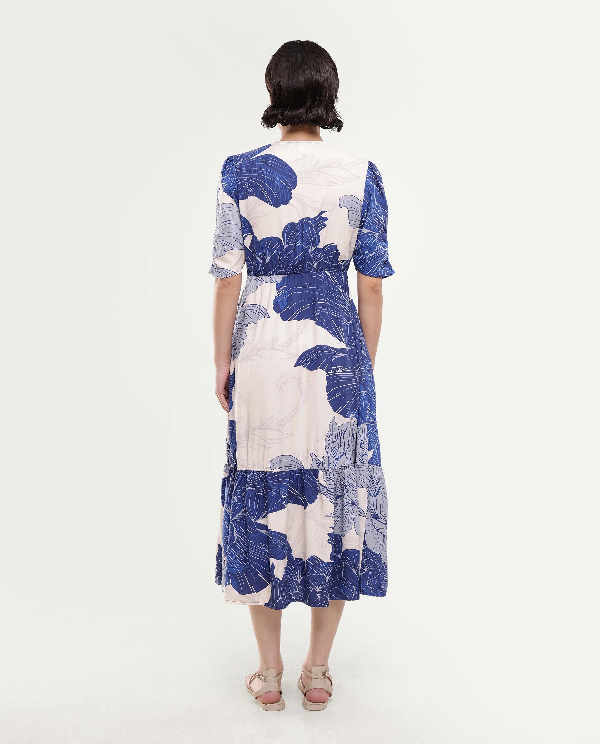 Rareism Women's Vuxon Blue Viscose V-Neck Fit And Flare Floral Print Dress