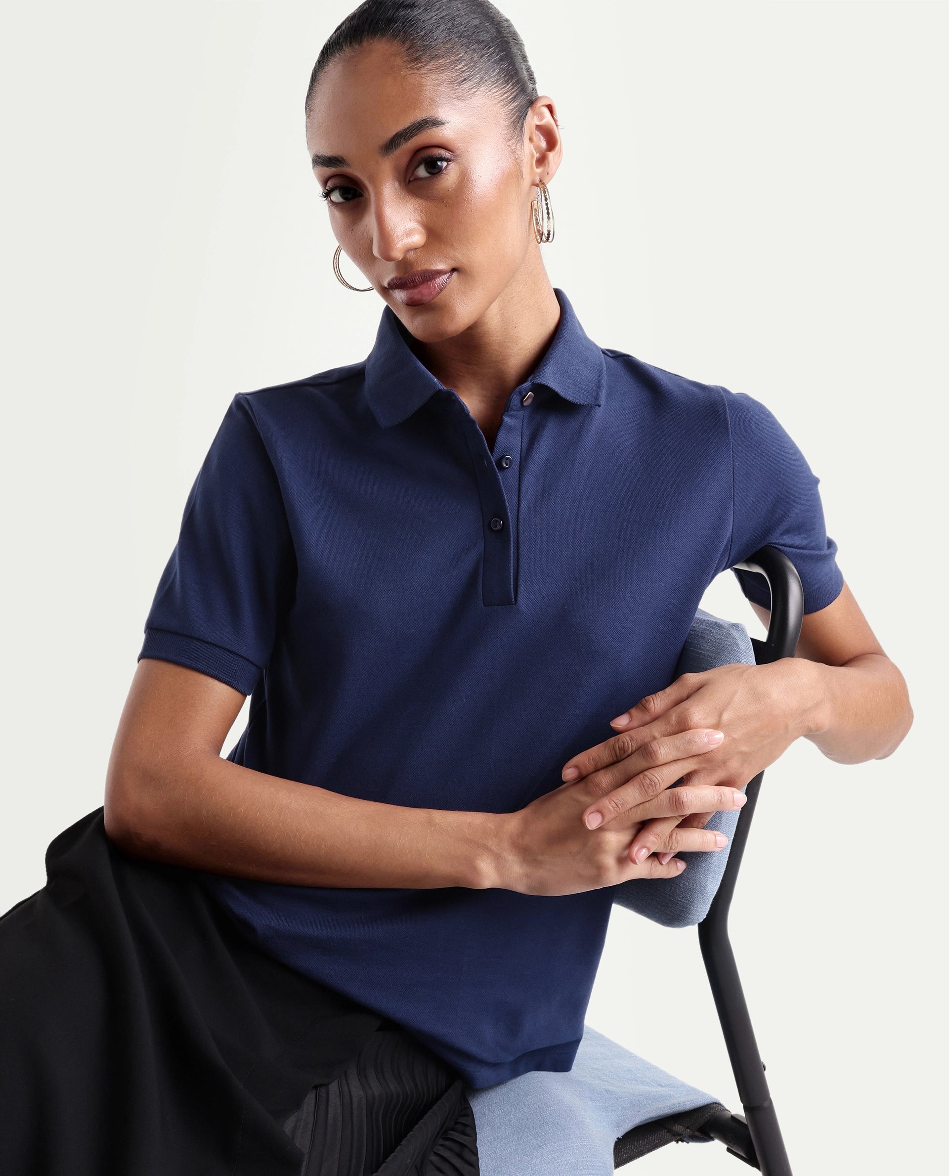 Rareism Women's Basic Rr-Corp-Elane Navy Cotton CollaredRegular Plain Polo